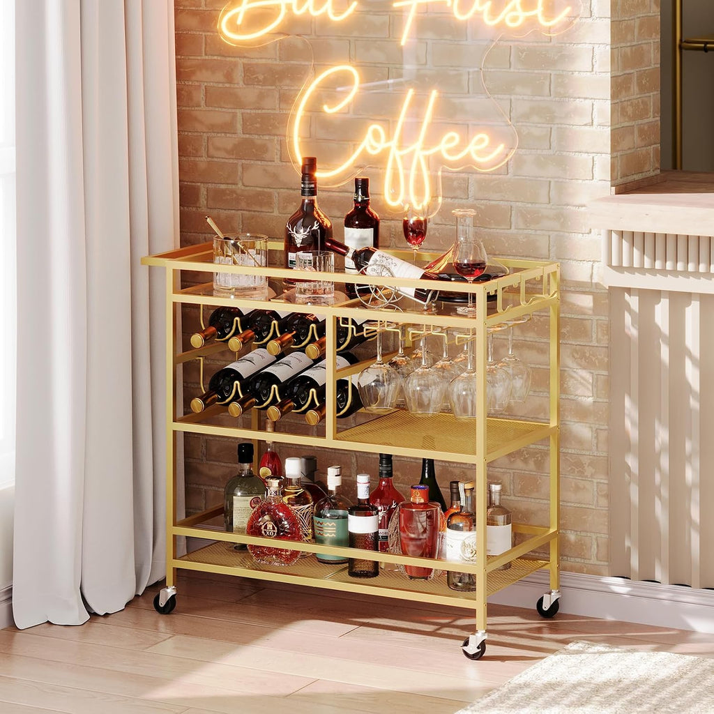 MAHANCRIS Bakers Rack with Power Outlet and Bar Cart for Home Bundle, 3-Tier Serving Cart, BRHB40E01-RCGD81B01