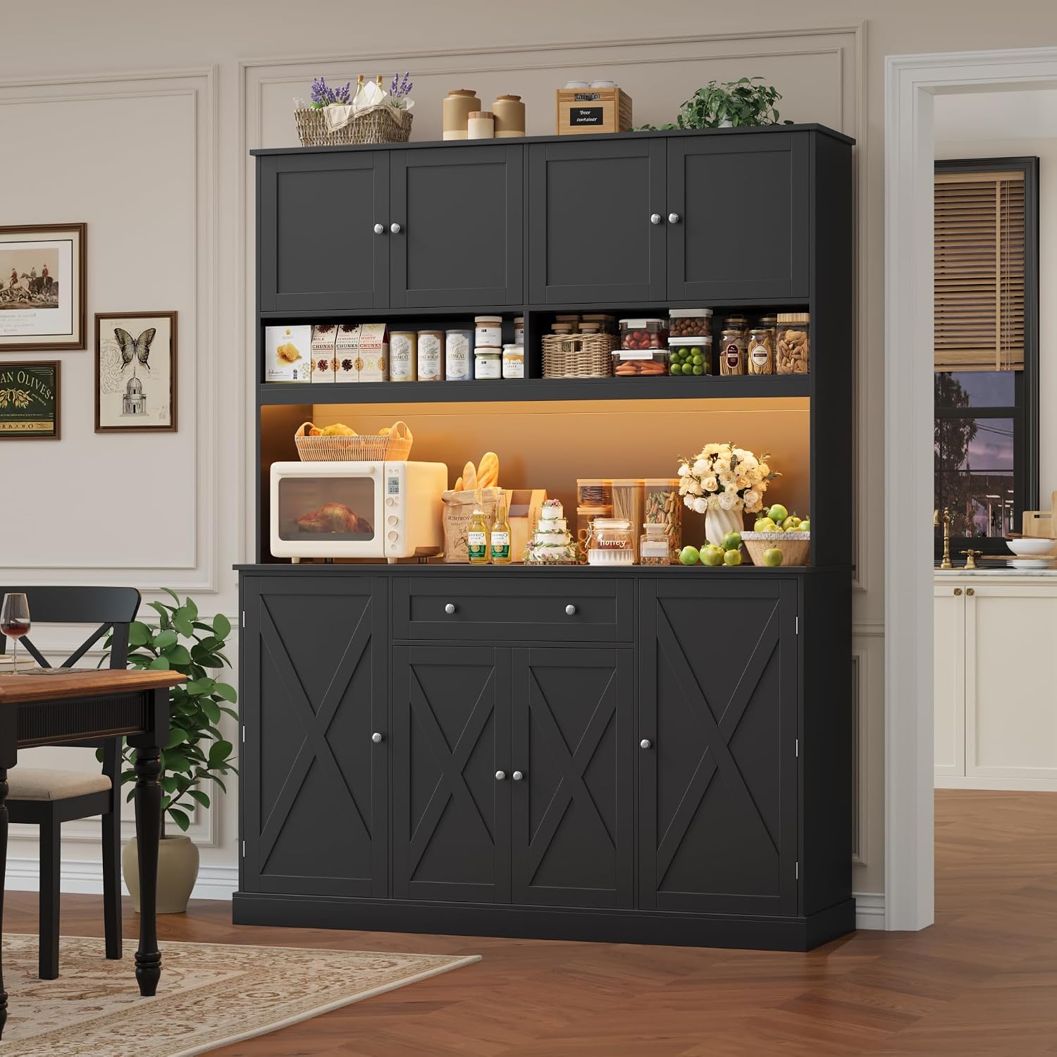HIFIT 72.8' LED Kitchen Pantry Cabinet with Charging Station, 55' Wide Farmhouse Pantry Cabinet with Microwave Stand&Shelves&Swing-Out Door, Kitchen Hutch Coffee Bar for Living Room, Black