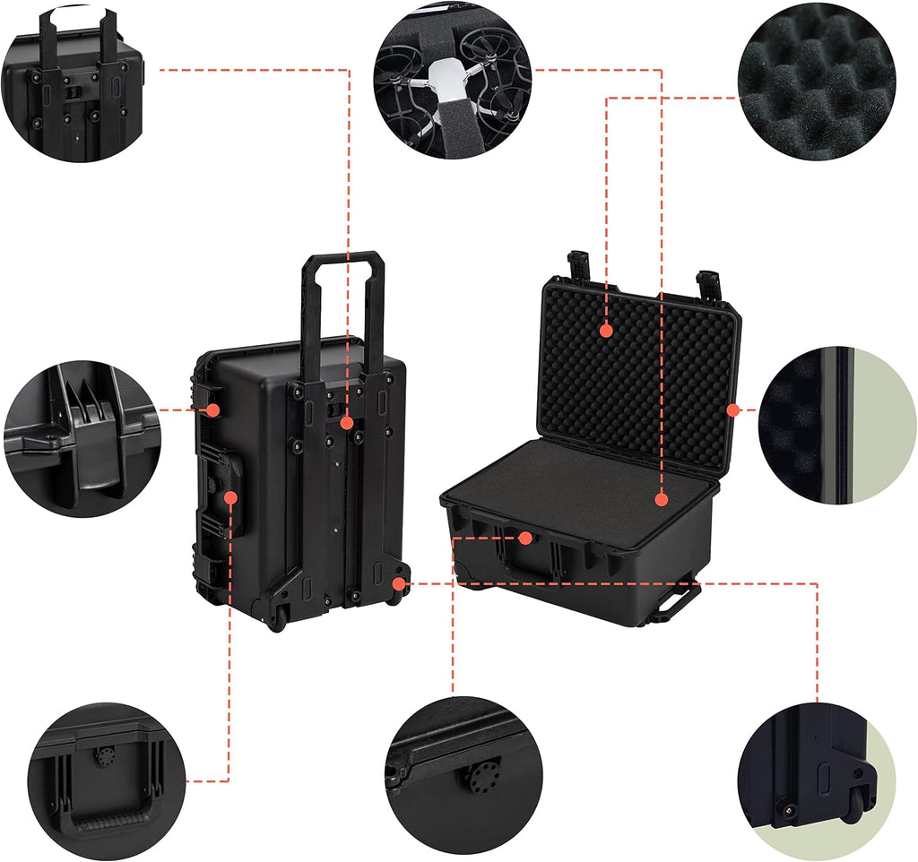 MEIJIA Portable All Weather Waterproof Rolling Hard Case,Camera Case with Customizable Fit Foam,Lightweight design with pull handle and wheels,21.2'x16'x10.51',Black