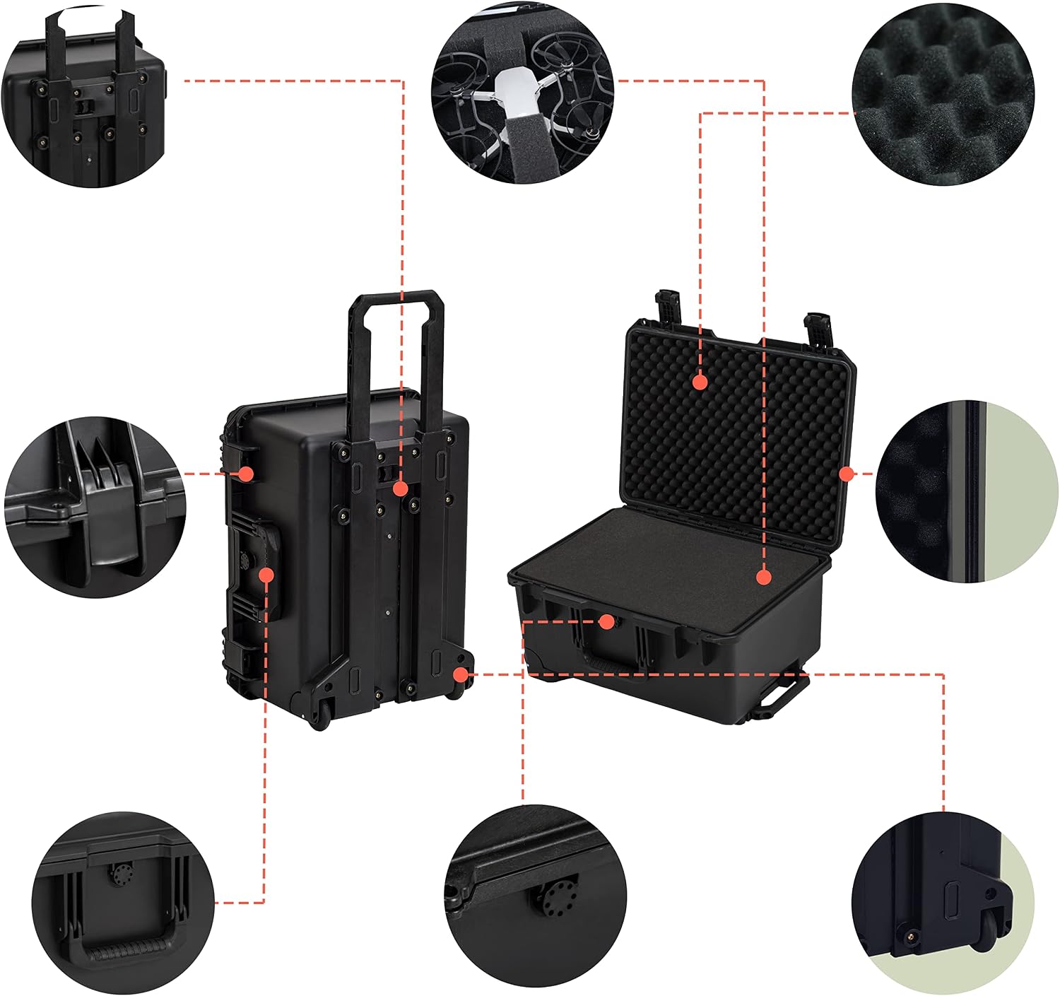 MEIJIA Portable All Weather Waterproof Rolling Hard Case,Camera Case with Customizable Fit Foam,Lightweight design with pull handle and wheels,21.2'x16'x10.51',Black