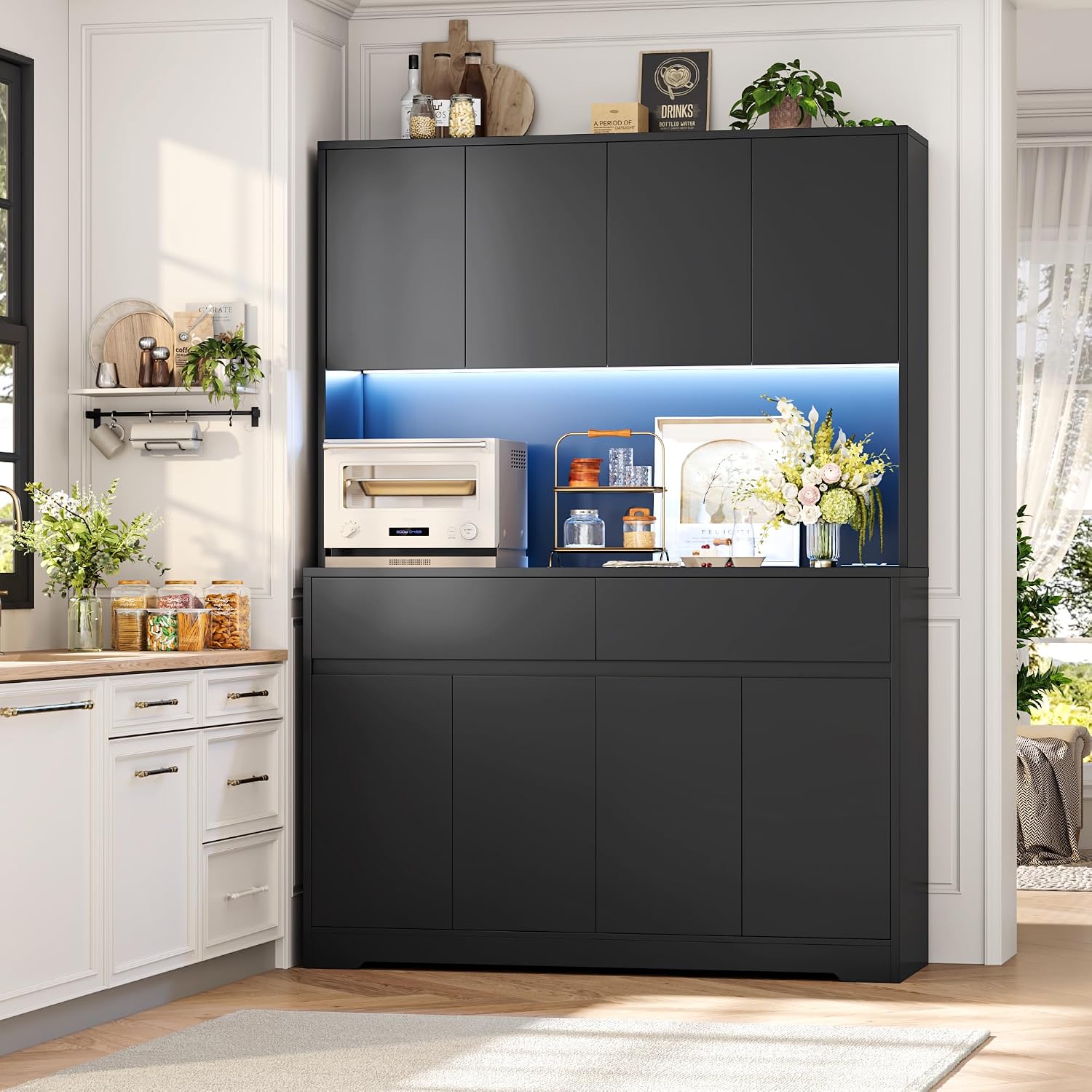 FINETONES 71' Tall Pantry Cabinet with LED Lights and Charging Station, 47.2' Wide Kitchen Pantry Storage Cabinet Kitchen Hutch with Microwave Stand, Tall Storage Cabinet for Living Room, Black
