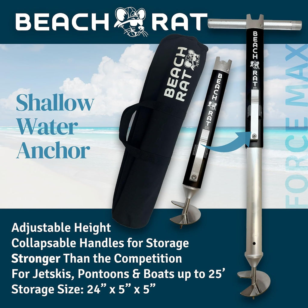 Beach Rat Anchor & Case - Pontoon, Tritoon, PWC Anchor - Shallow Water Boat Anchor & Sandbar Anchor, Screw in Boat Anchor, Stainless Steel & Aluminum Anchor Pole Accessory