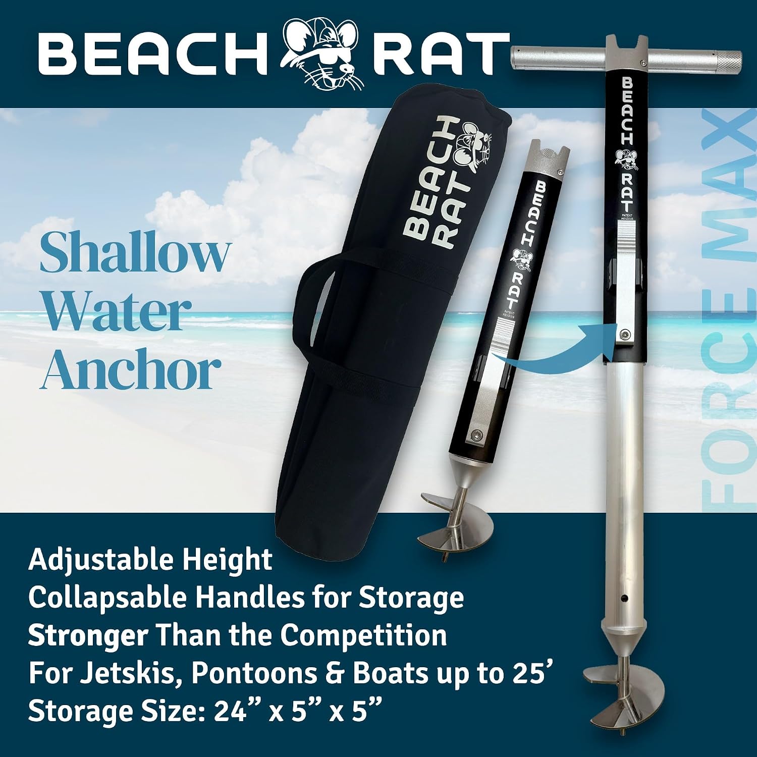 Beach Rat Anchor & Case - Pontoon, Tritoon, PWC Anchor - Shallow Water Boat Anchor & Sandbar Anchor, Screw in Boat Anchor, Stainless Steel & Aluminum Anchor Pole Accessory
