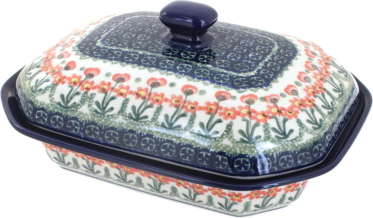 Blue Rose Polish Pottery - Orange Peach Posy Medium Covered Baker - 3 Cup Capcaity - Unique, Dishwasher Safe, & Durable Bakeware