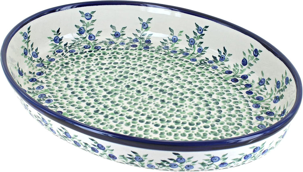 Blue Rose Polish Pottery - Green Porcelain Vine Large Oval Baker - 14' x 10.25' - Unique, Dishwasher Safe, & Durable Bakeware