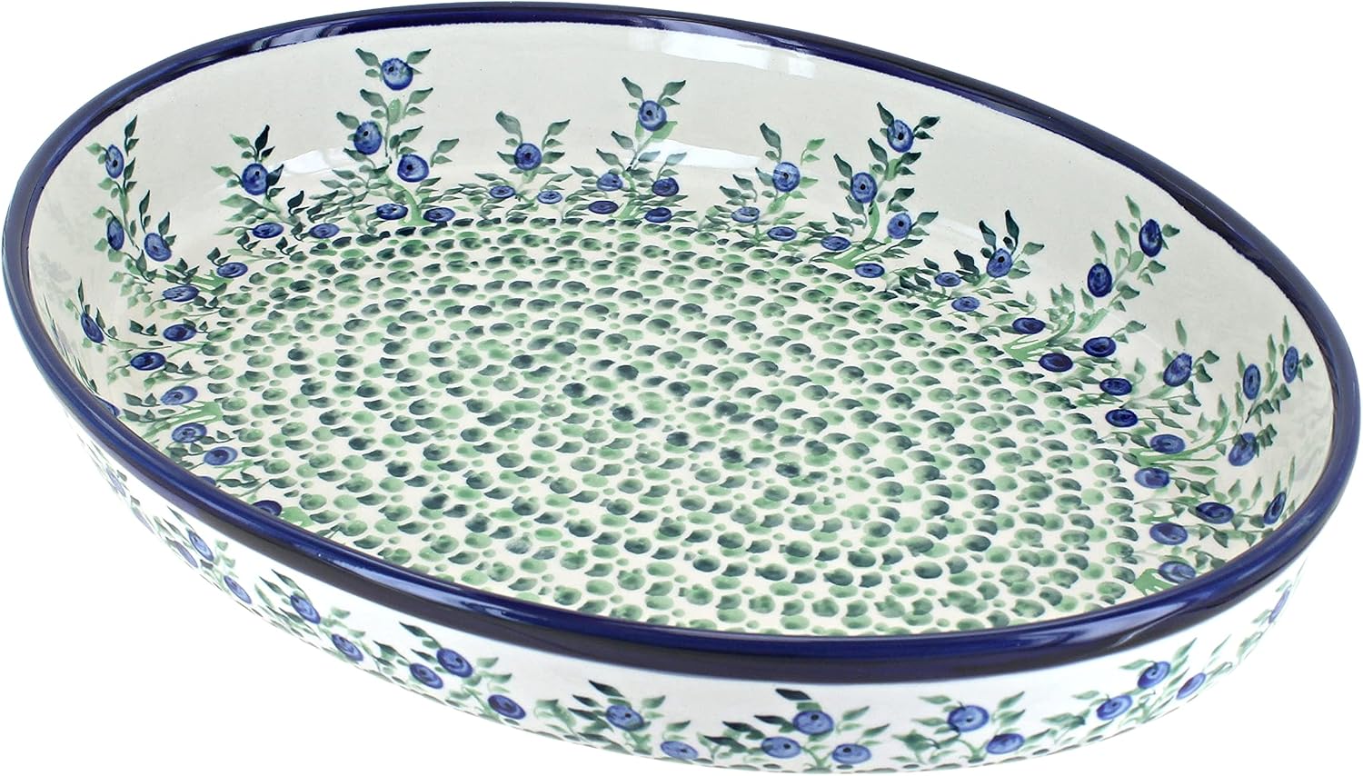 Blue Rose Polish Pottery - Green Porcelain Vine Large Oval Baker - 14' x 10.25' - Unique, Dishwasher Safe, & Durable Bakeware