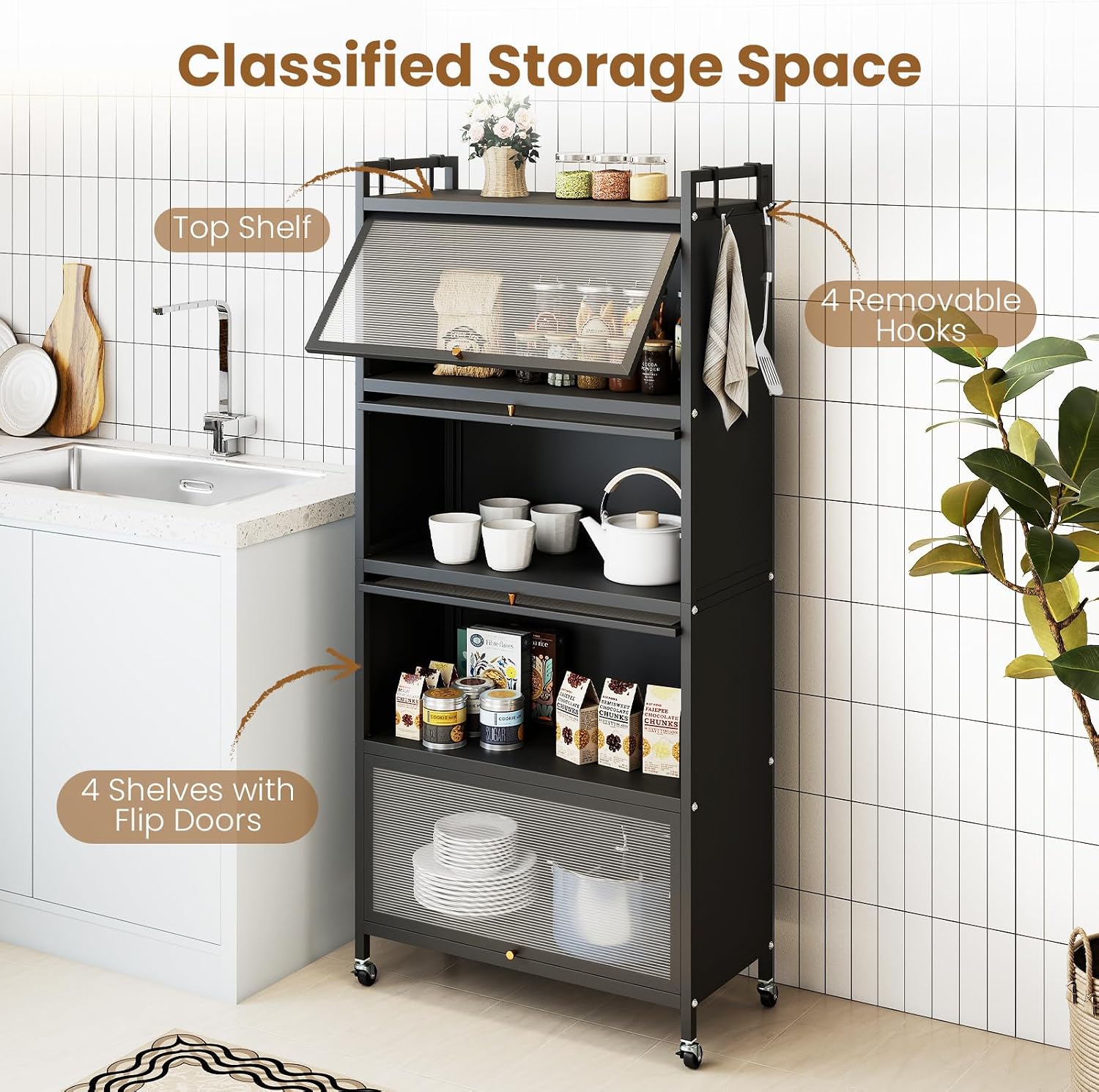 Giantex 5-Tier Kitchen Storage Cabinet, Freestanding Metal Baker's Rack w/4 Flip-up PC Doors, 4 Hooks, Adjustable Feet & Rolling Wheels, Mobile Microwave Stand for Dining Room, Living Room (Black)