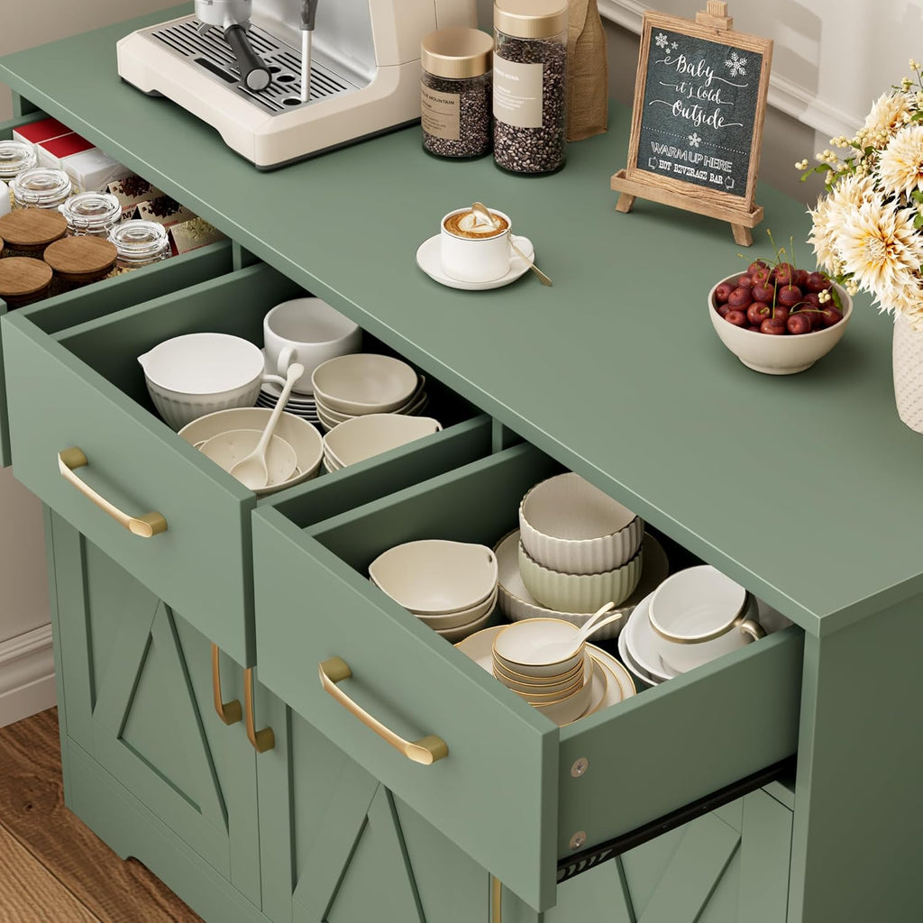 HOSTACK Modern Farmhouse Buffet Sideboard Cabinet, Barn Doors Storage Cabinet with Drawers and Shelves, Wood Coffee Bar with Storage for Dining Room, Kitchen, Living Room, Green