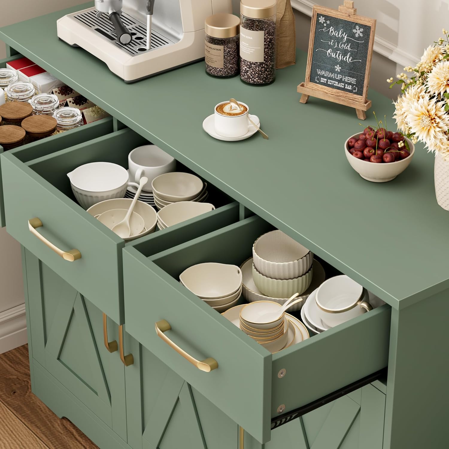 HOSTACK Modern Farmhouse Buffet Sideboard Cabinet, Barn Doors Storage Cabinet with Drawers and Shelves, Wood Coffee Bar with Storage for Dining Room, Kitchen, Living Room, Green