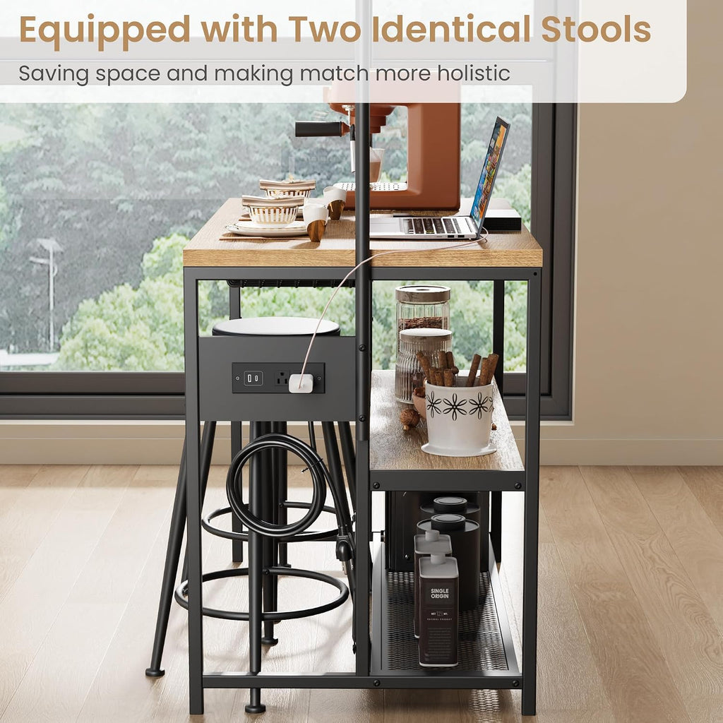 GAOMON 42' Kitchen Island Table Baker Rack with Power Outlet & 2 Bar Stools, Kitchen Storage Shelf with 3-Tier Storage & 5 Hooks, Microwave Stand Coffee Bar Table for Dining Living Room (Natural)