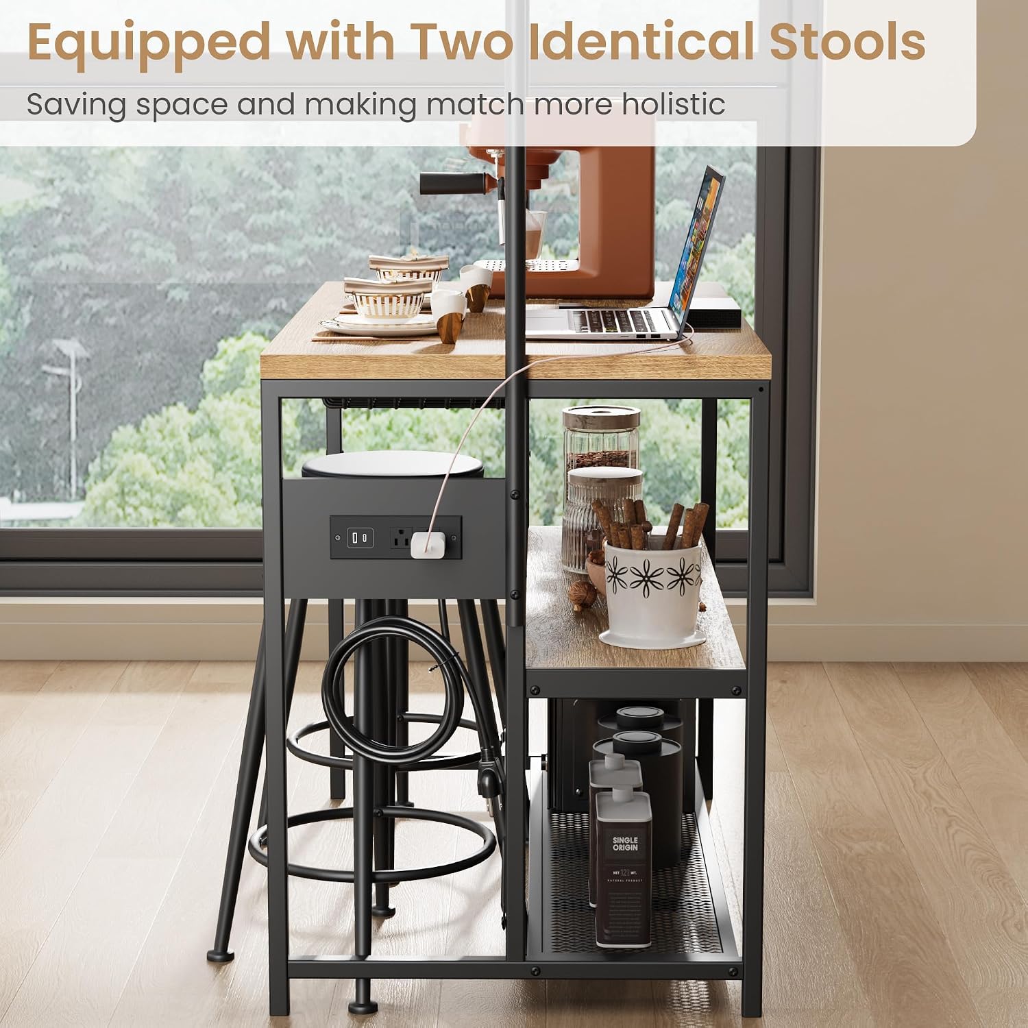 Industrial Kitchen Island Dining Table with Power Outlet – 2 Bar Stools, 3-Tier Bakers Rack, Storage Shelves, 5 Hooks, Microwave Stand – Coffee Bar for Dining Room, Living Room, Apartment