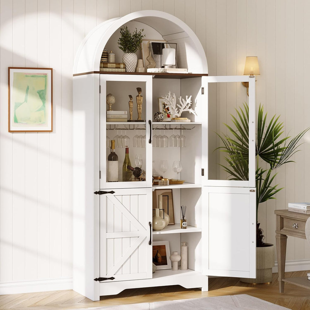 Maupvit Arched Wine Cabinet with Glass Door, 72' Tall Coffee Bar Cabinets with Wine Rack, Liquor Cabinet for Home, Kitchen Pantry Cupboard for Dining Living Room (White)