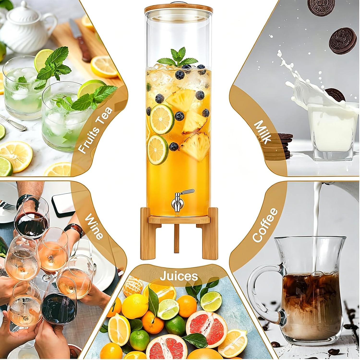 Beverage Dispenser, 4Gallon Glass Drink Dispenser with Stand, Stainless Steel Spigot, Ideal for Parties, Bars, Restaurants (15L/4 Gallon)
