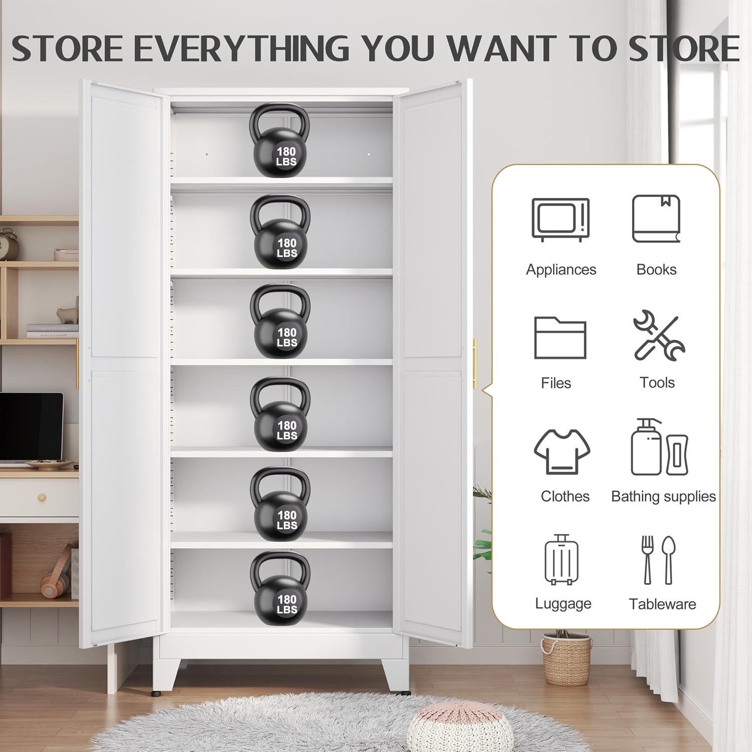 GAIOUS 75.2' Tall Metal Kitchen Pantry Storage Cabinets with 2 Door and 5 Adjustable Shelves, Cupboard for Kitchen, Dining Room, Living Room and Bathroom, White