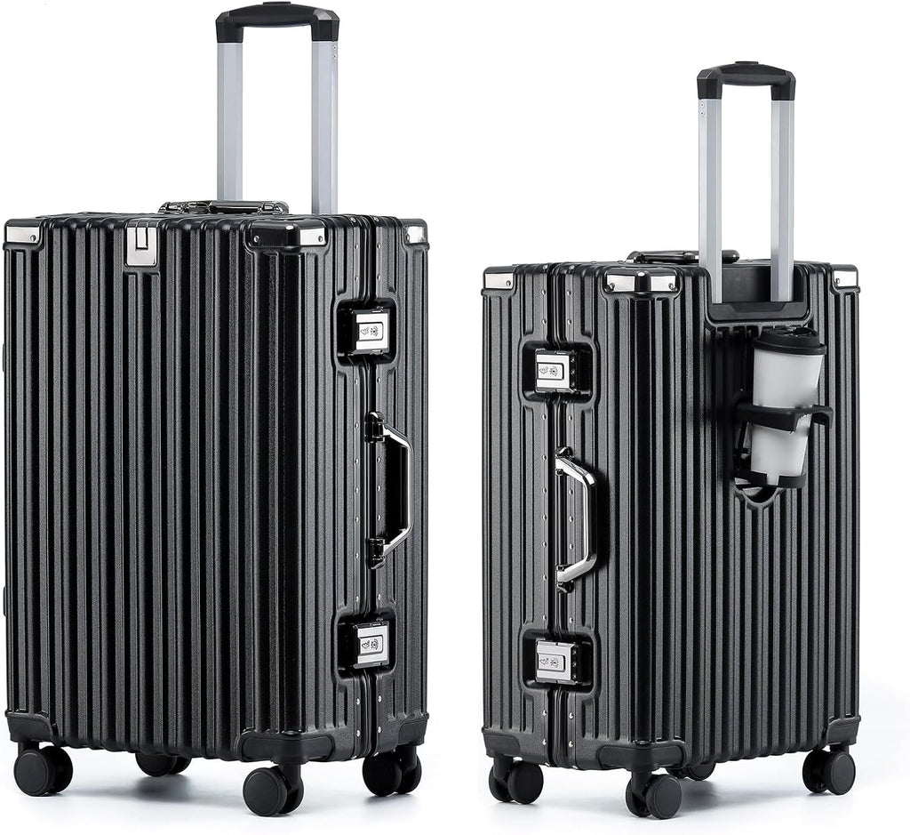 HotWay 24 Inch Aluminum Frame Luggage with Spinner Wheels, PC Hard Shell Suitcase with Cup Holder, Zipperless Luggage for Business Travel, Black