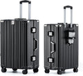 HotWay 24 Inch Aluminum Frame Luggage with Spinner Wheels, PC Hard Shell Suitcase with Cup Holder, Zipperless Luggage for Business Travel, Black