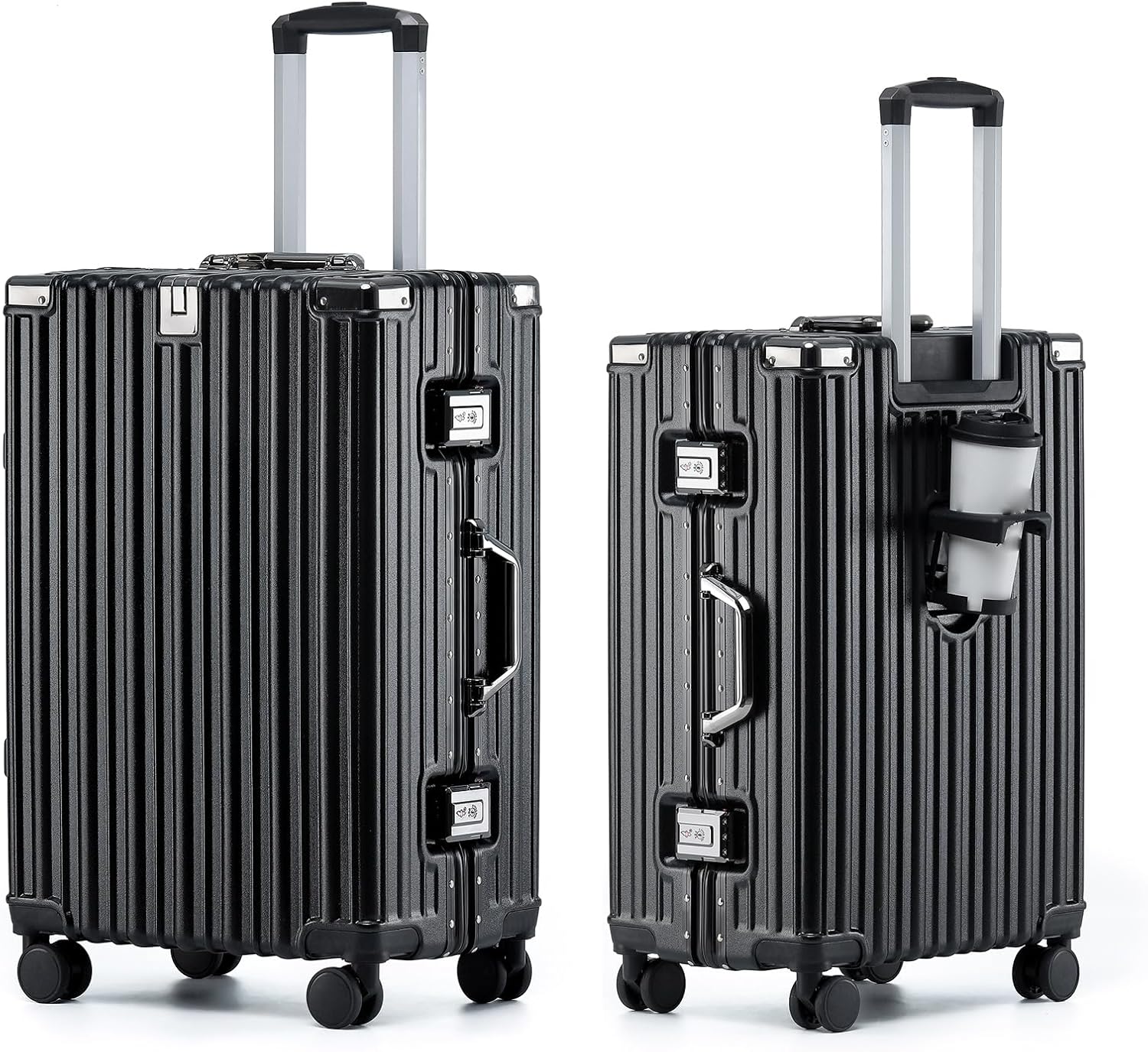 HotWay 26 Inch Aluminum Frame Luggage with Spinner Wheels, PC Hard Shell Suitcase with Cup Holder, Zipperless Luggage for Business Travel, Black