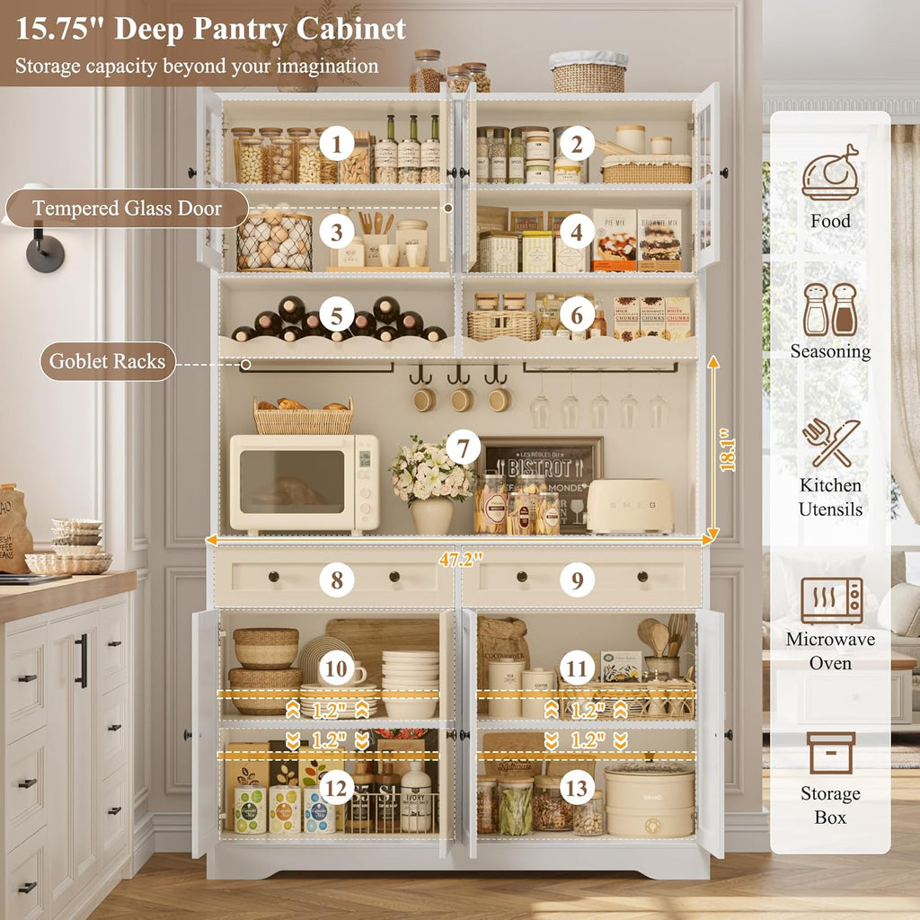HOSTACK 75.4' Tall Kitchen Pantry Cabinet with Charging Station, Modern White Kitchen Hutch with Microwave Stand and Wine Racks, Large Food Pantry Storage Cabinet with Glass Doors and Drawers, White