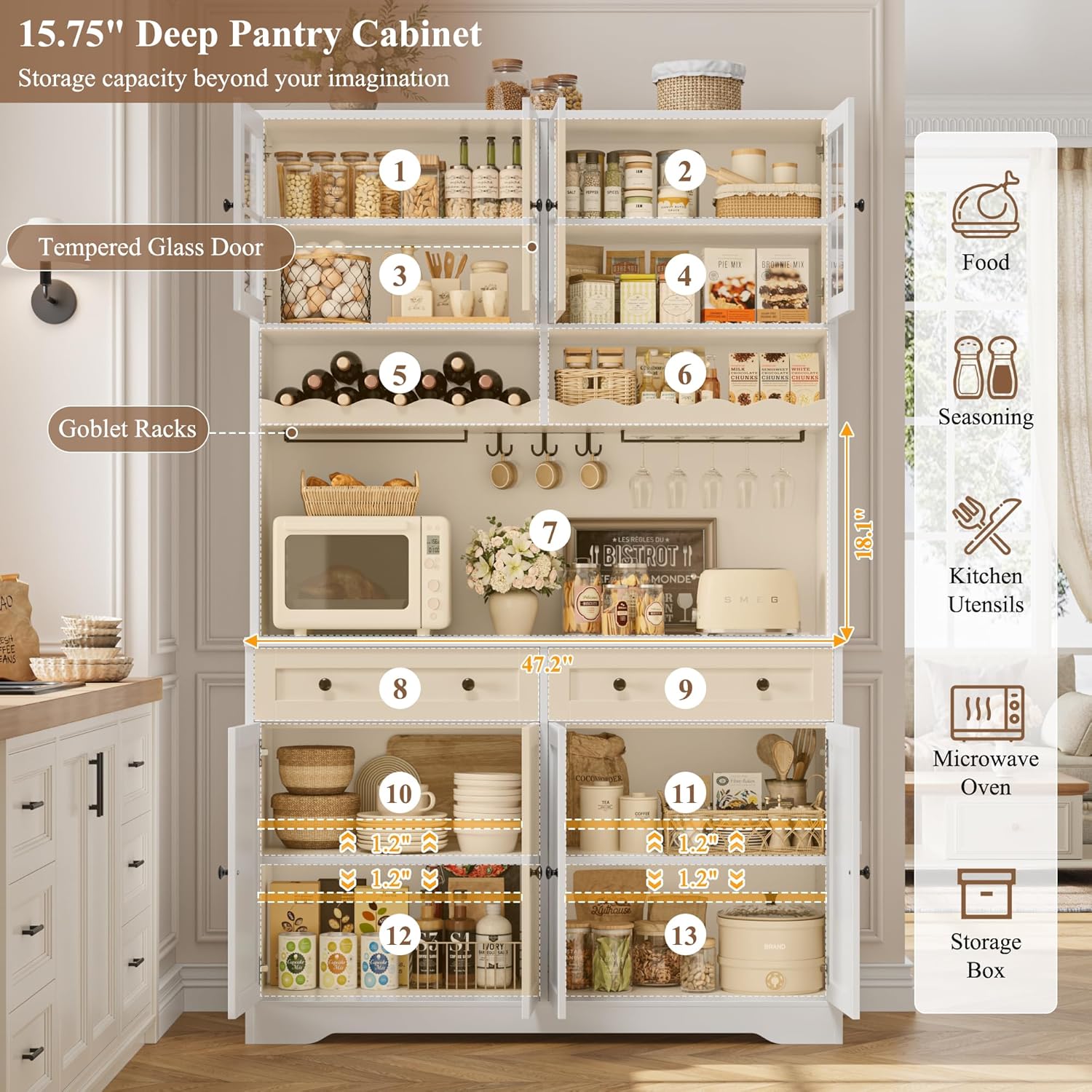 HOSTACK 75.4' Tall Kitchen Pantry Cabinet with Charging Station, Modern White Kitchen Hutch with Microwave Stand and Wine Racks, Large Food Pantry Storage Cabinet with Glass Doors and Drawers, White