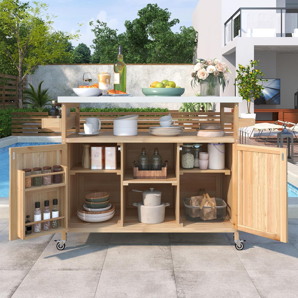 Farmhouse Outdoor Kitchen Island, Rolling Bar Cart & Storage Cabinet with Stainless Steel Top, Spice Rack, Towel Rack for Kitchen & Barbecue, Solid Wood Outdoor Grill Table (Natural)