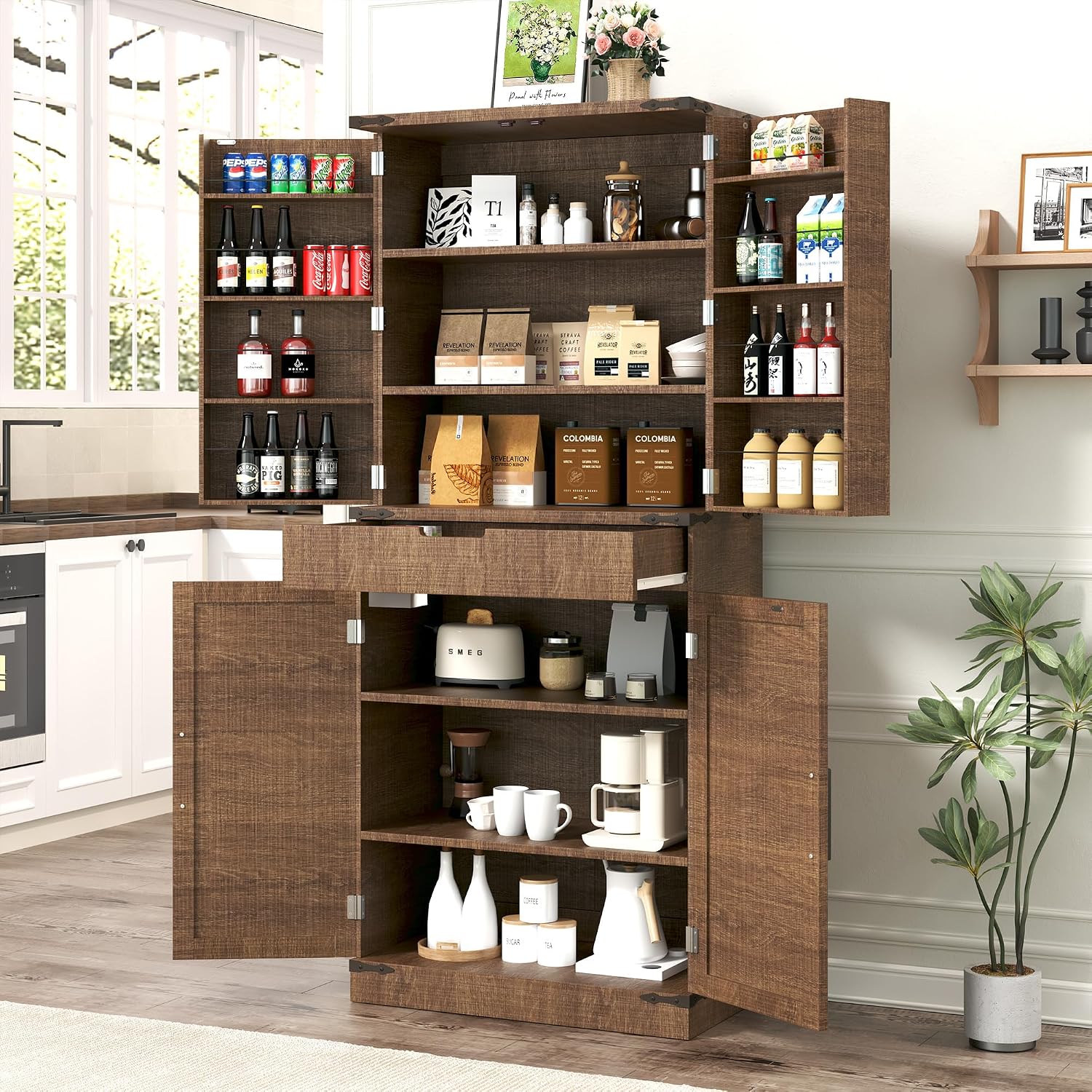 GRUSIGN 72' Kitchen Pantry Storage Cabinet with Doors and Shelves, Wood Farmhouse Pantry Storage with Barn Doors for Kitchen, Dining Room, Living Room, Dark Brown