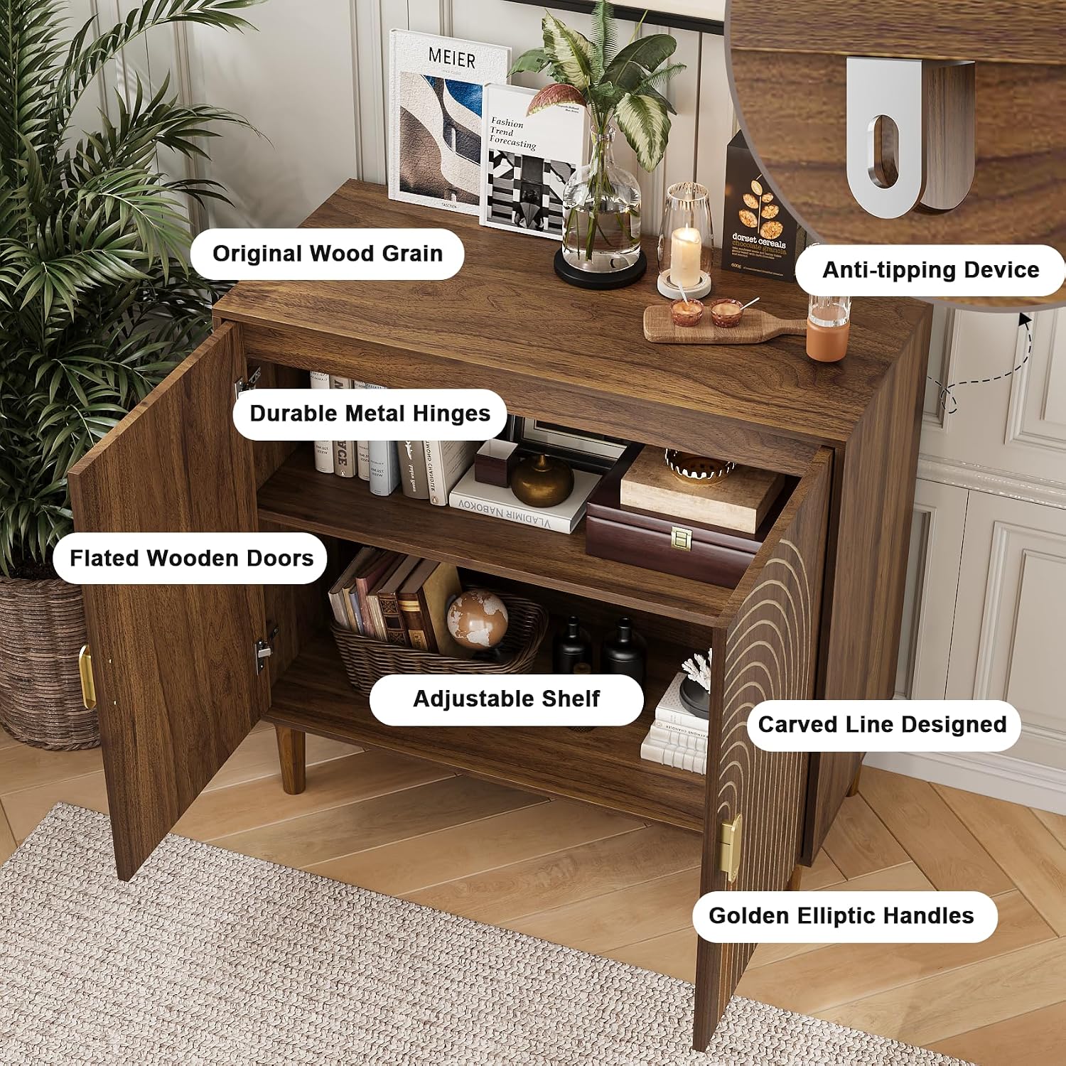 Sideboard Buffet Cabinet with Storage,Sideboard Buffet with Doors and Adjustable Shelf,Wooden Storage Cabinet, 31.3'W x 15.0'D x 30.6'H (Walnut)