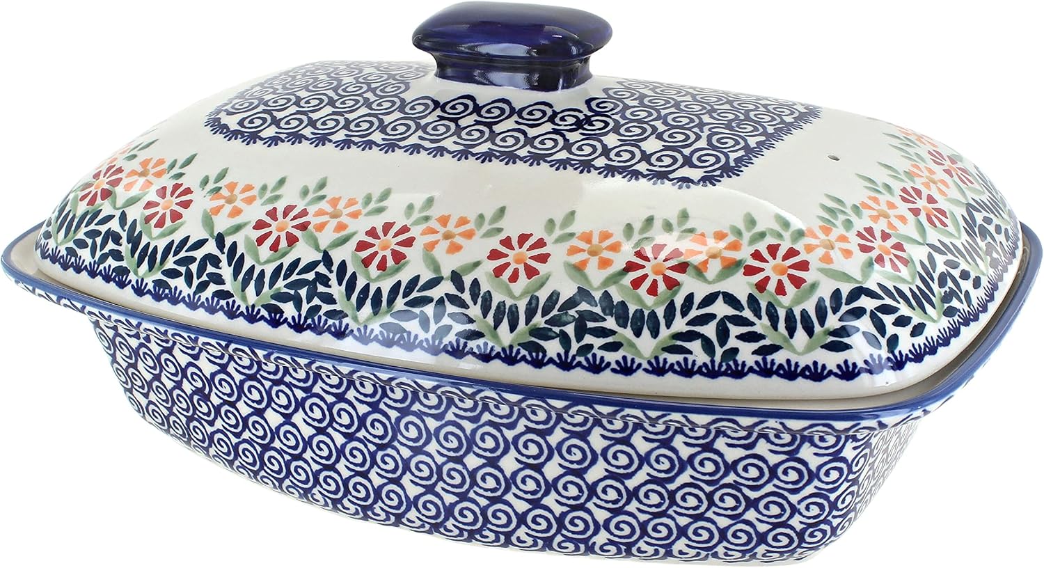 Blue Rose Polish Pottery - Orange Garden Bouquet Covered Baker - 2 QT Capacity - Unique, Dishwasher Safe, & Durable Bakeware