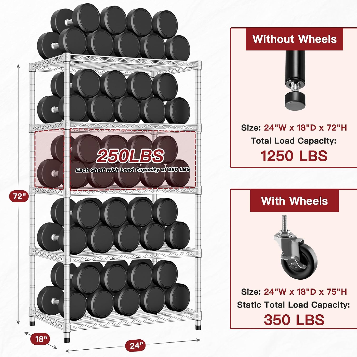 PrimeZone 3 Pack Steel Storage Wire Shelving 5 Tier Metal Shelves with Wheels,Adjustable Kitchen Utility Shelving Unit,Pantry Rack Rolling Metal Shelf Laundry,Chrome 24' Wx18 Dx75 H