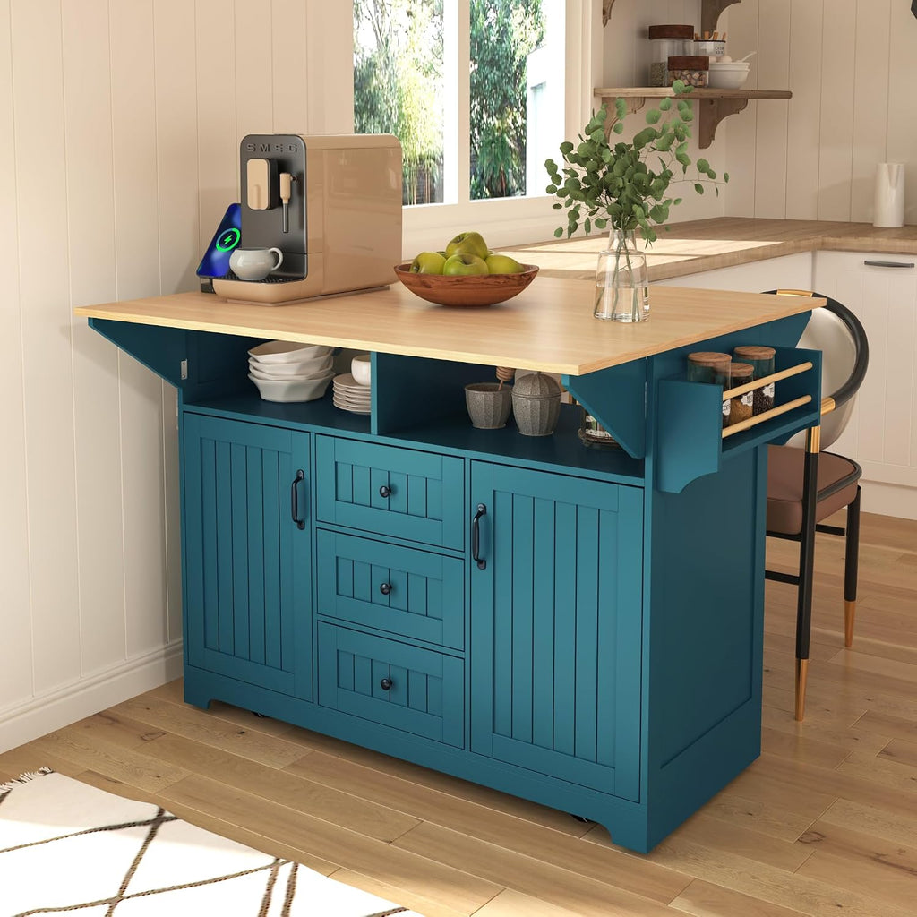 Modern Large Kitchen Island with 2 Drop Leaf, Rolling Kitchen Cart on 5 Wheels with Power Outlet, Folding Storage Dining Table for Kitchen, Dining Room