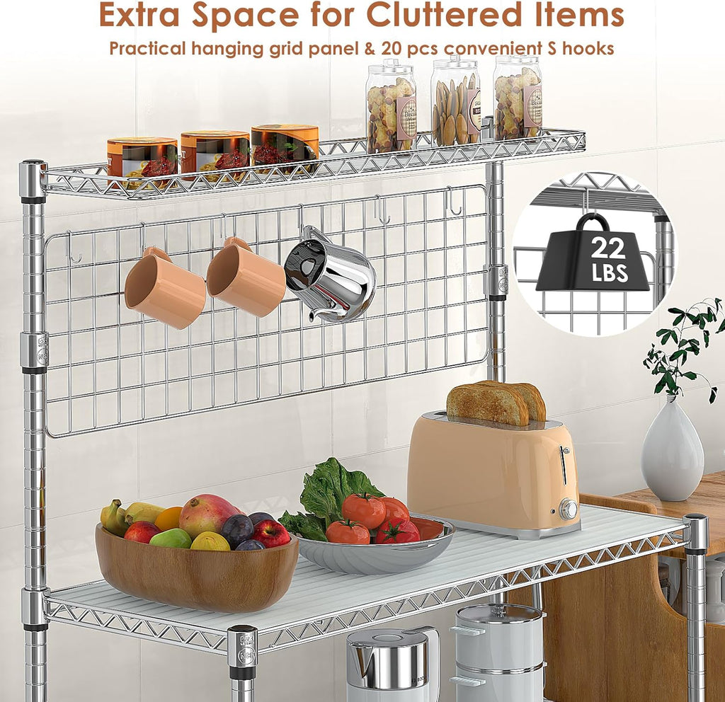 Leteuke Bakers Rack with Storage & Wheels, 42 Inch Microwave Stand Kitchen Shelves, 4-Tier Heavy Duty Storage Rack with 20 S-Hooks, Commercial Metal Utility Kitchen Cart, 42× 18× 63 Inch, Chrome