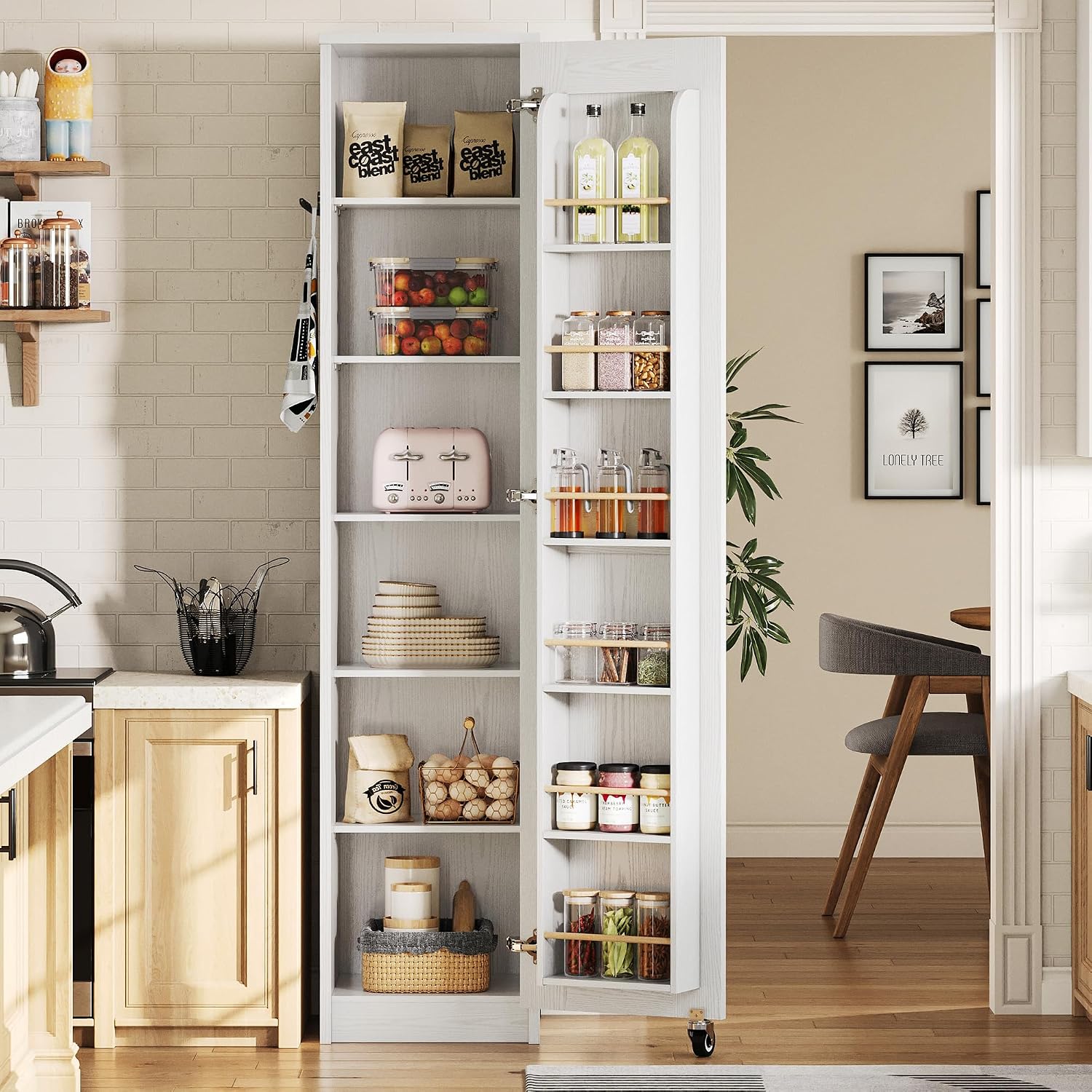 IRONCK Narrow Kitchen Pantry Storage Cabinet, 72' Slim Single Door with 6 Adjustable Shelves, Door Rack and Wheels, Space Saving Freestanding Storage Floor Cabinet for Small Place, White