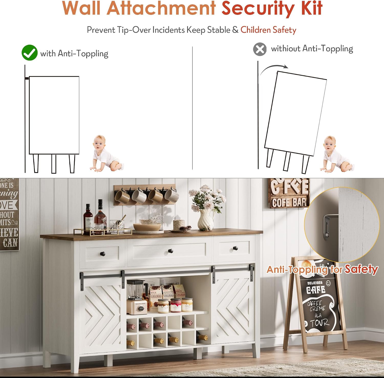 CABIHOME Farmhouse 47.2'' Buffet Cabinet with Sliding Barn Door, 33.4'' Tall Wood Rustic Sideboard with 3 Drawer, Adjustable Shelf and Removable Wine Rack (White, 59'')
