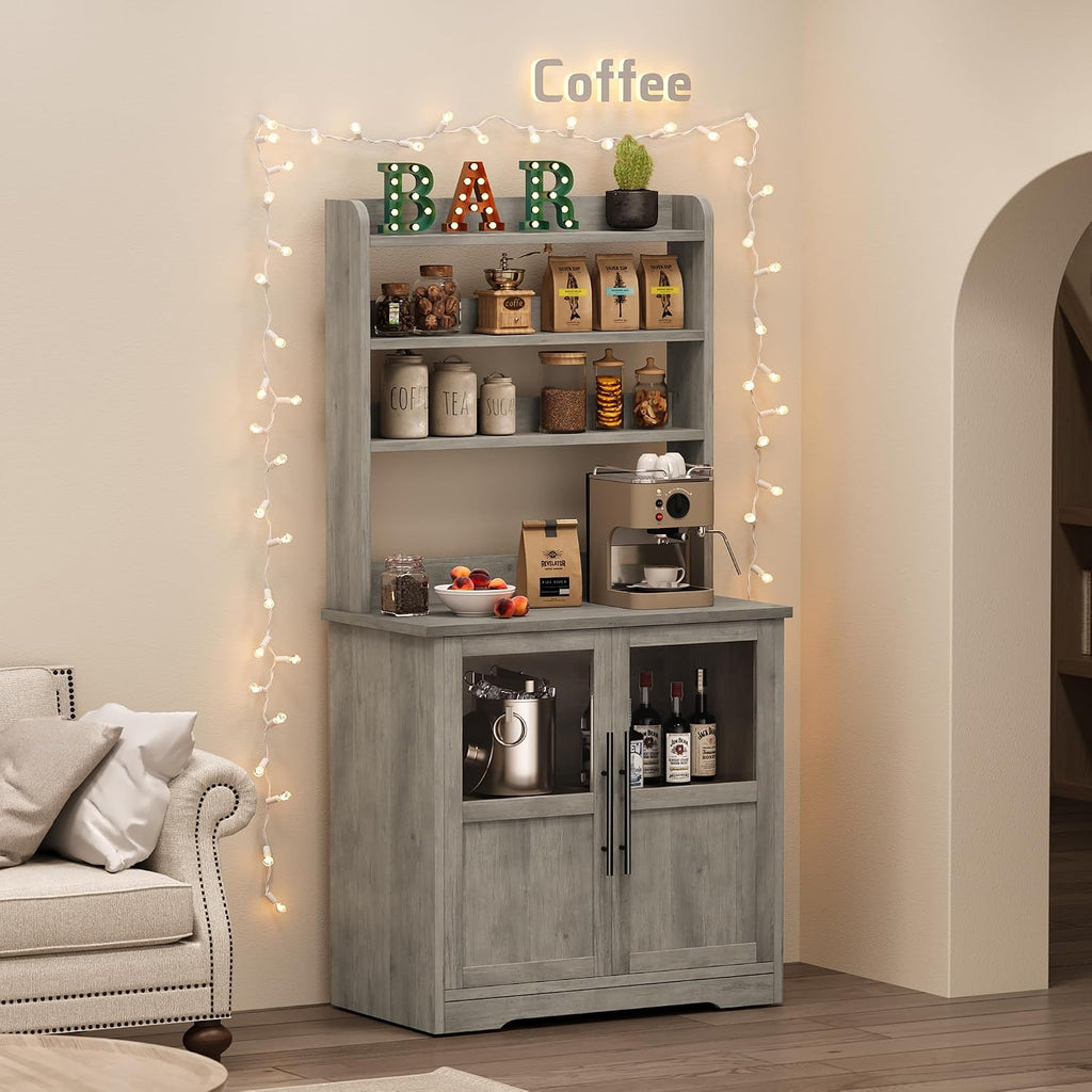 Garvee Farmhouse Bakers Rack with Glass Door, Microwave Stand with Power Outlets, Kitchen Hutch Pantry Cabinet, Kitchen Coffee Bar Cabinet for Spices, Dishes, and Pots, Gray