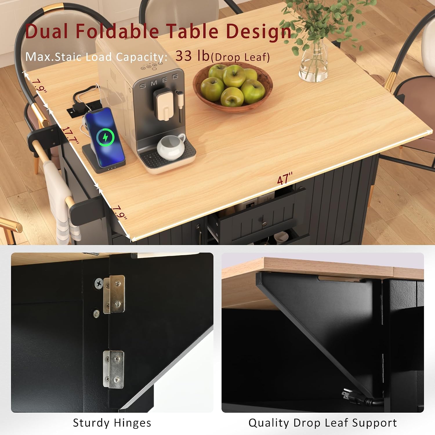 Modern Large Kitchen Island with 2 Drop Leaf, Rolling Kitchen Cart on 5 Wheels with Power Outlet, Folding Storage Dining Table for Kitchen, Dining Room (Black/Folding)
