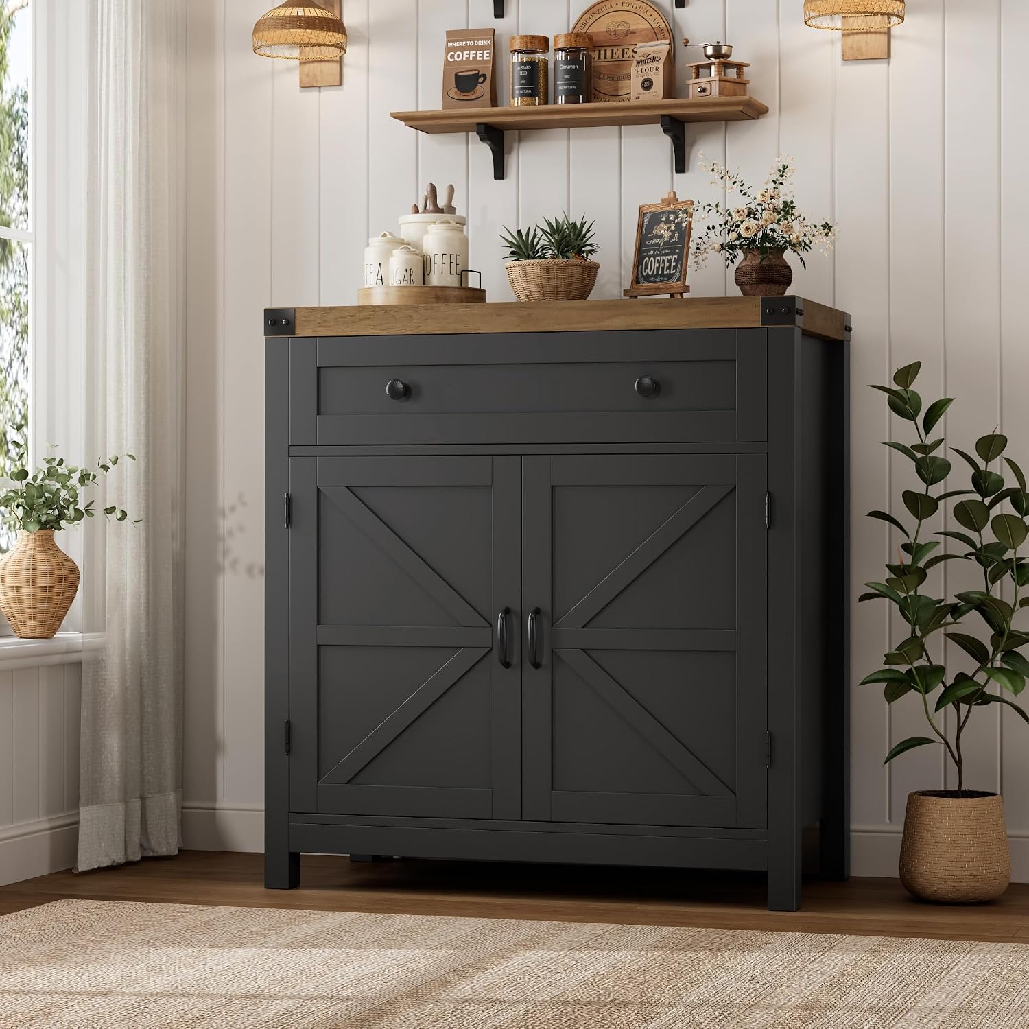 HOSTACK Coffee Bar Cabinet, Kitchen Storage Cabinet, Modern Farmhouse Buffet Sideboard with Drawer & Adjustable Shelf, Barn Door Accent Cabinets for Kitchen, Dining Room, Entryway, Black/Rustic Brown