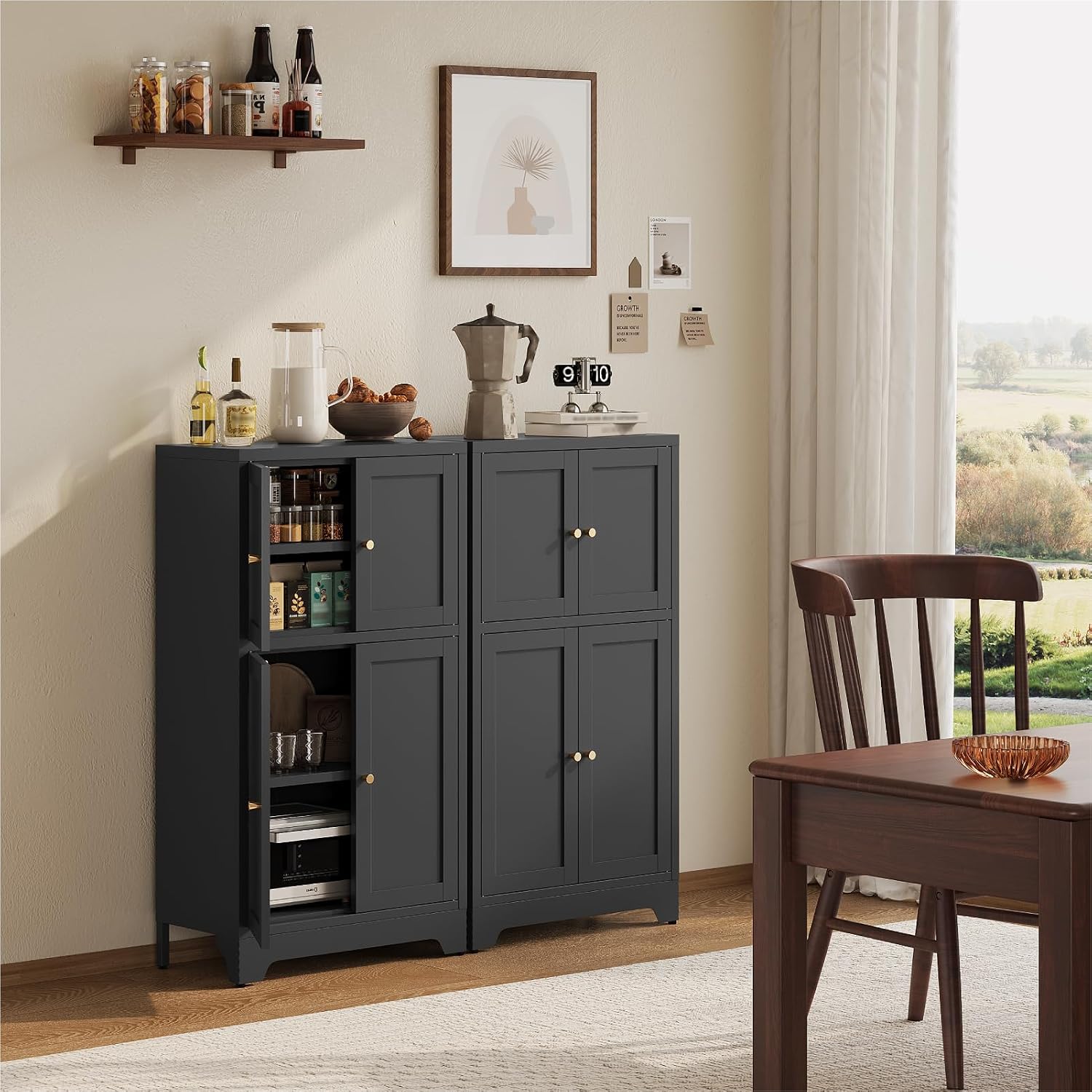 Metal Bathroom Storage Cabinet, Freestanding Pantry Floor Cabinet with 4 Doors and 2 Adjustable Shelves for Living Room, Dining Room, Kitchen