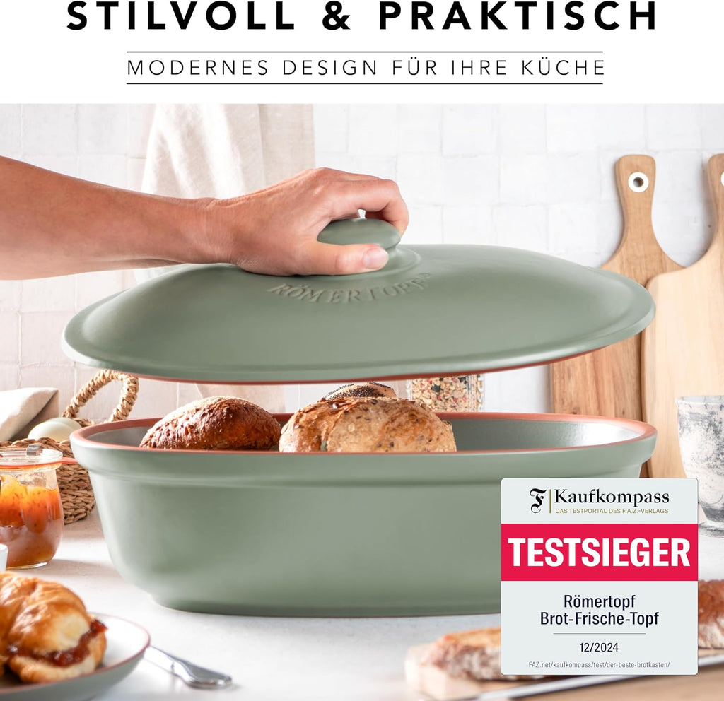 Romertopf Maxi Oval Bread Pot 6.5 Litres – Green Ceramic Bread Bin – Breathable Clay Pot for Long-Lasting Freshness of Bread and Rolls