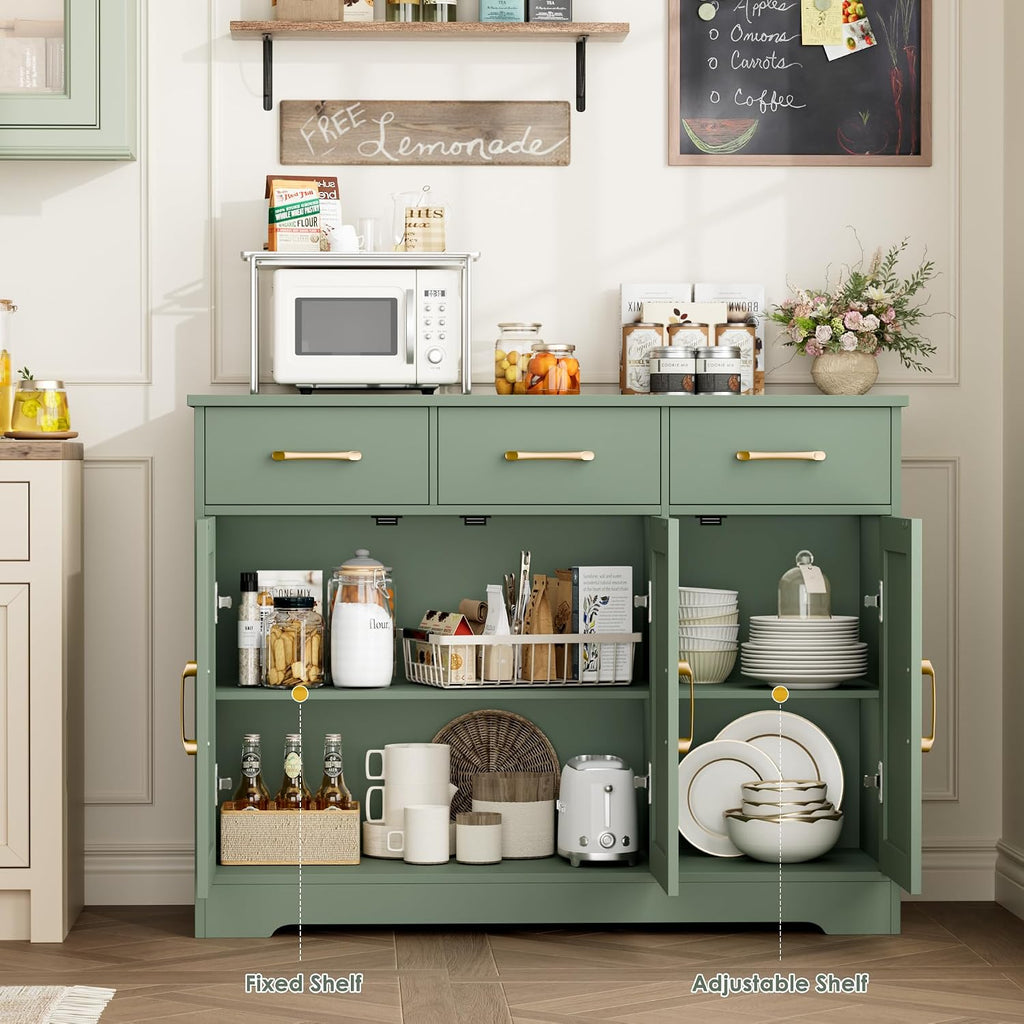 HOSTACK Modern Farmhouse Buffet Sideboard Cabinet, Barn Doors Storage Cabinet with Drawers and Shelves, Wood Coffee Bar with Storage for Dining Room, Kitchen, Living Room, Green