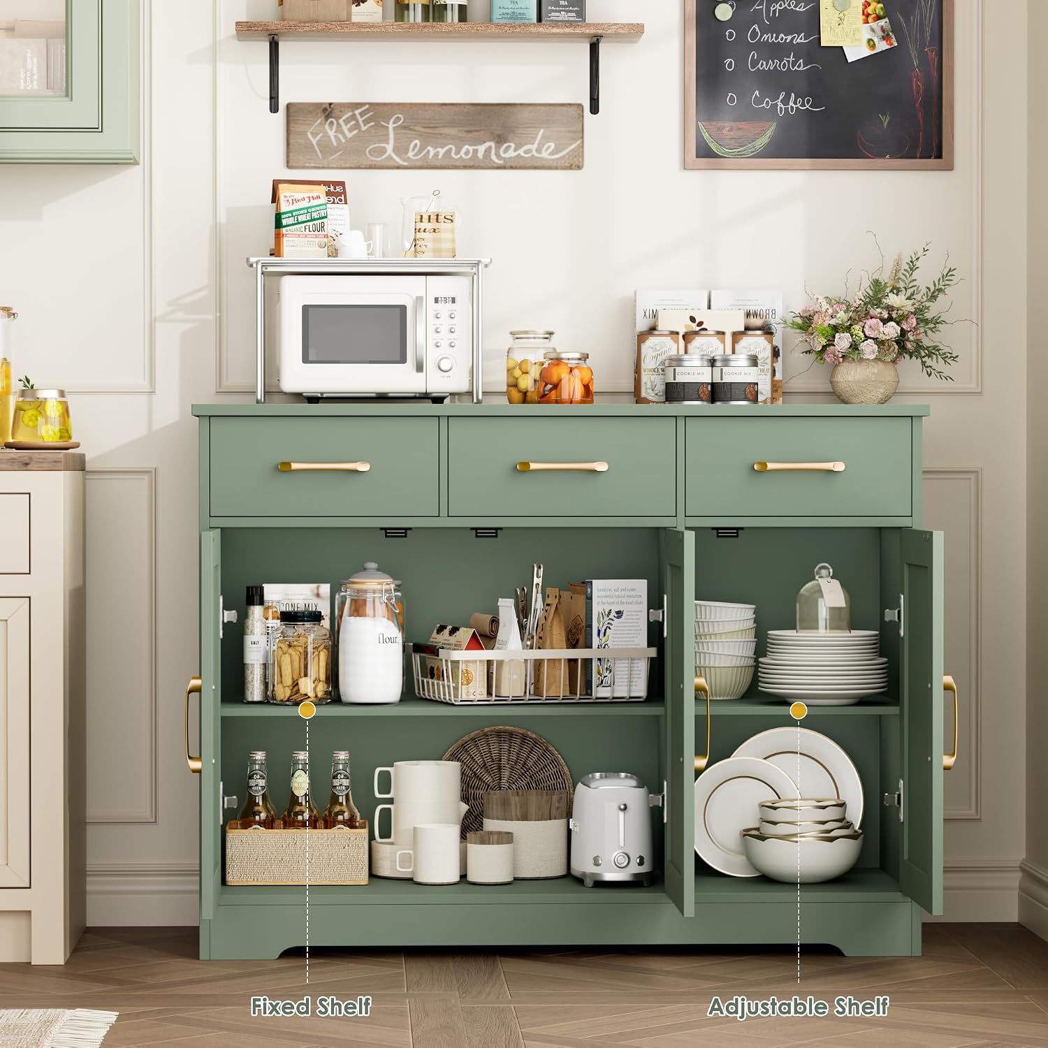 HOSTACK Modern Farmhouse Buffet Sideboard Cabinet, Barn Doors Storage Cabinet with Drawers and Shelves, Wood Coffee Bar with Storage for Dining Room, Kitchen, Living Room, Green