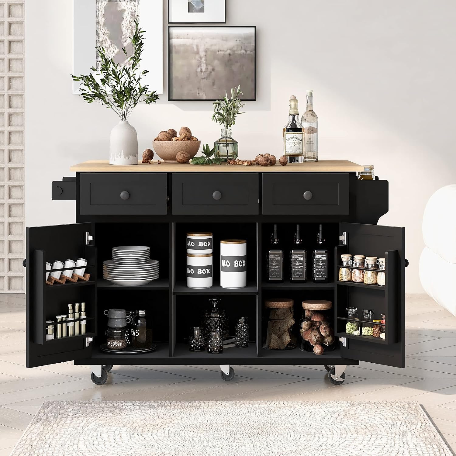 Modern Kitchen Island on 5 Wheels with Storage Cabinet and Drop-Leaf Countertop, Kitchen Cart with Cabinet Door Internal Storage Racks and 3 Drawers for Dinning Room (Black#M)