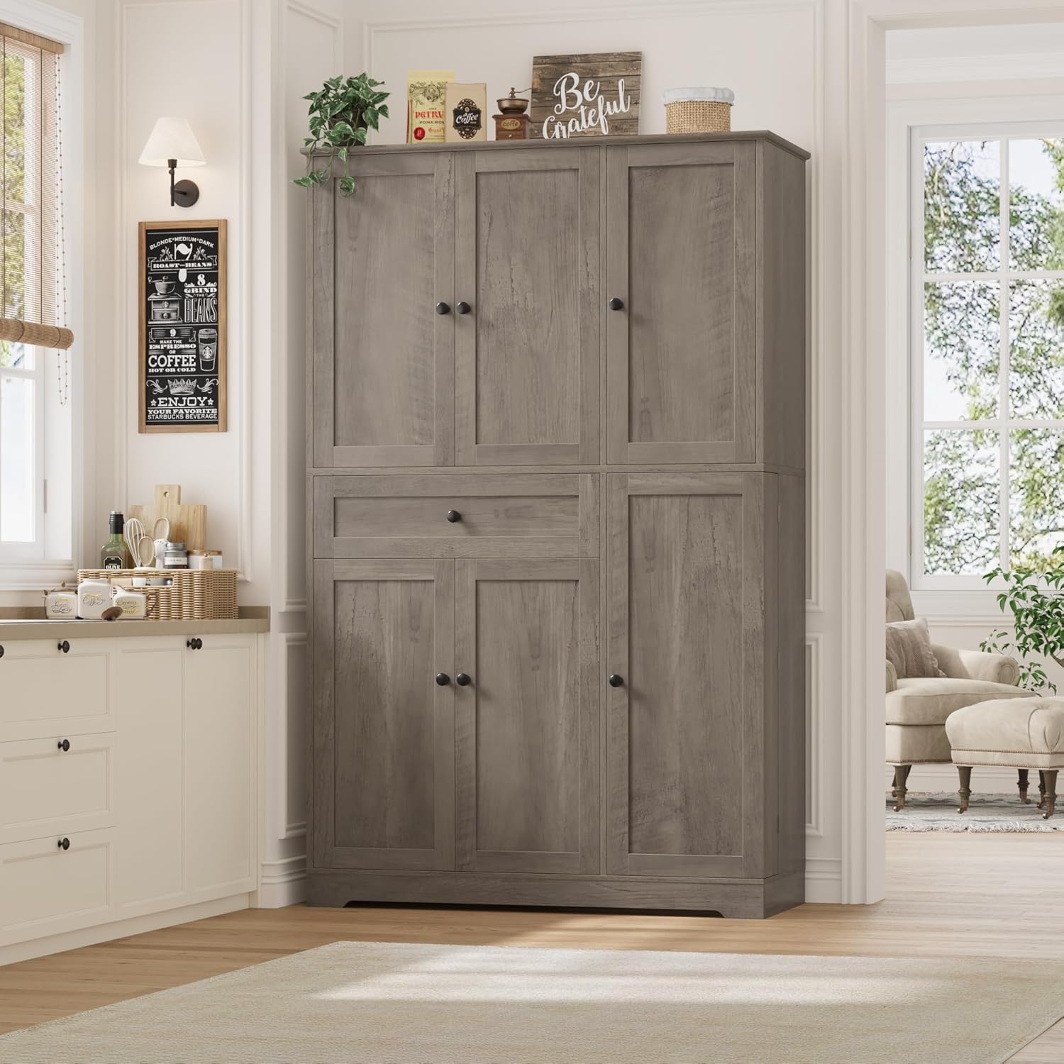 HOSTACK 68' Tall Kitchen Pantry Storage Cabinet, Modern Kitchen Hutch Cabinet with Doors and Shelves, Freestanding Food Pantry with Large Storage Drawer for Dining Room, Living Room, Ash Gray