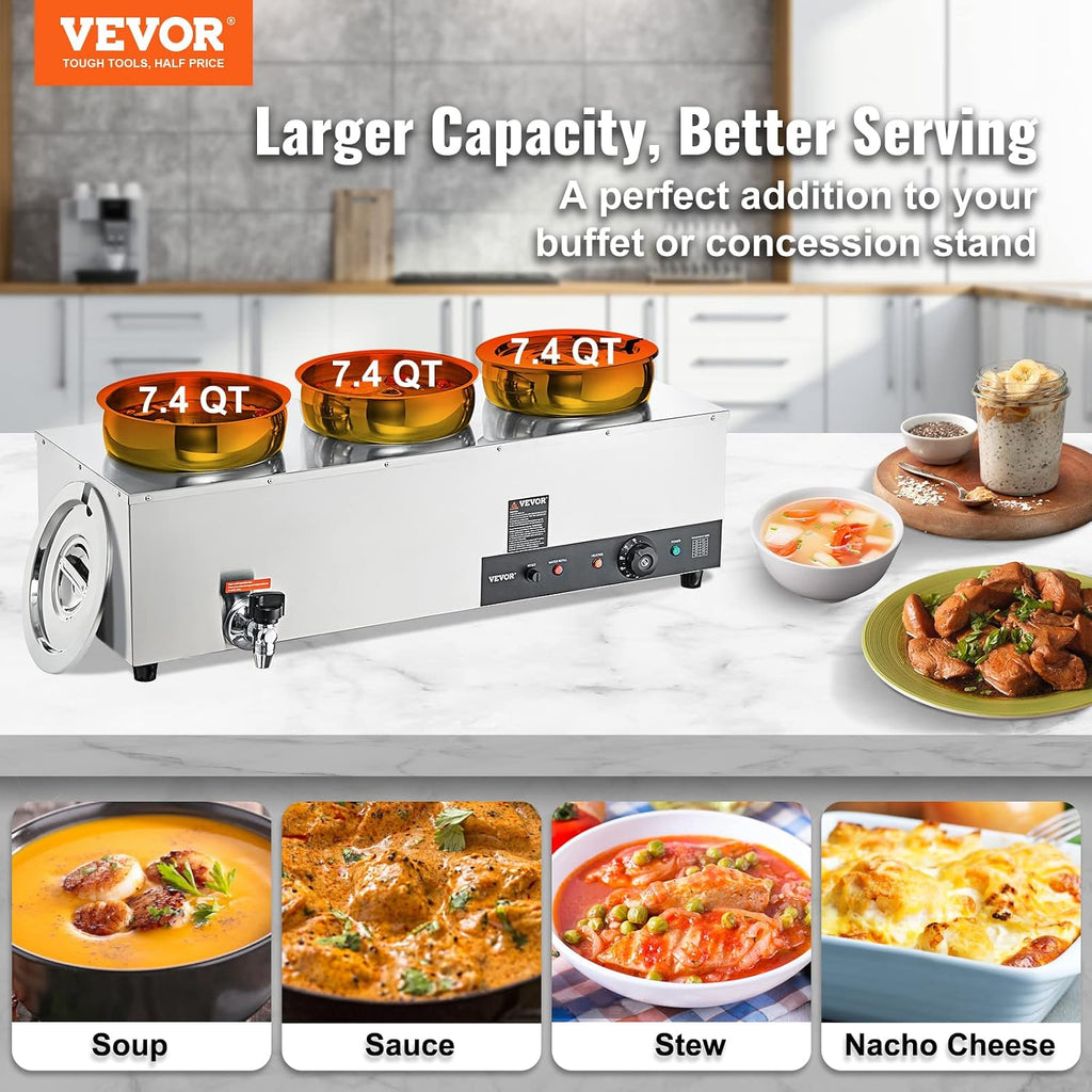 ETL Listed VEVOR Electric Soup Warmer, Three 7.4QT Stainless Steel Round Pot 86~185°F Adjustable Temp, 1200W Commercial Bain Marie with Anti-Dry Burn, Soup Station for Restaurant, Buffet, Silver