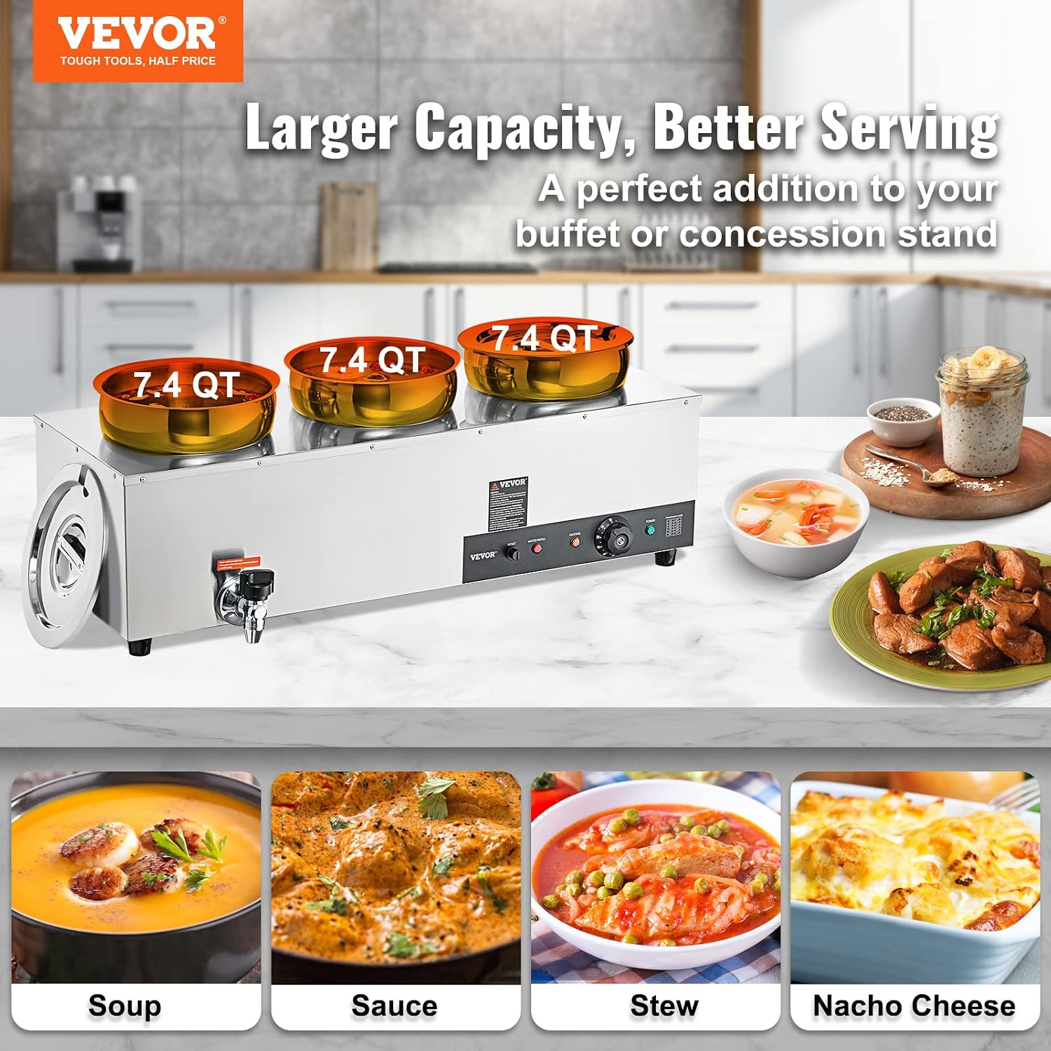 ETL Listed VEVOR Electric Soup Warmer, Three 7.4QT Stainless Steel Round Pot 86~185°F Adjustable Temp, 1200W Commercial Bain Marie with Anti-Dry Burn, Soup Station for Restaurant, Buffet, Silver