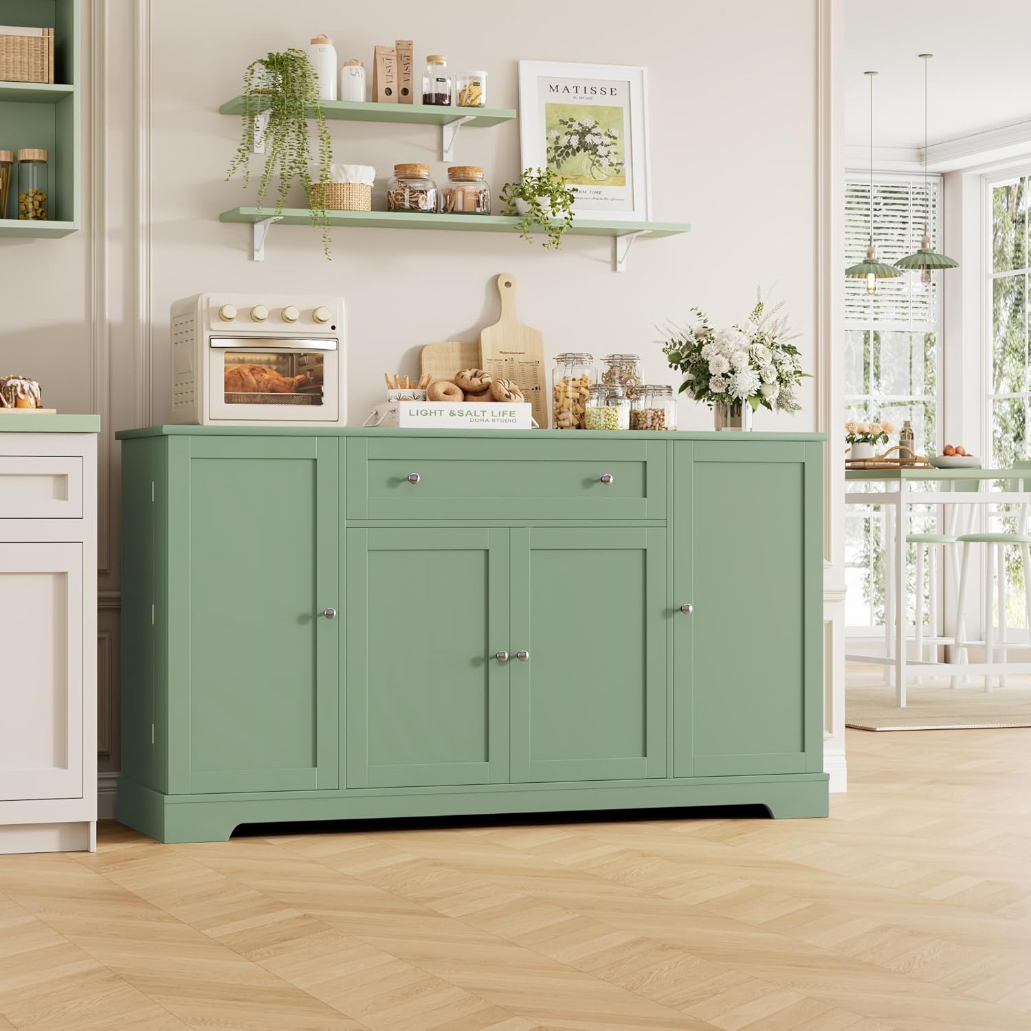 HITHOS 54' Buffet Cabinet with Storage, Modern Kitchen Buffet Sideboard with Drawer, Wood Coffee Bar Station with Adjustable Shelves, Kitchen Storage Cabinet for Living Room, Green