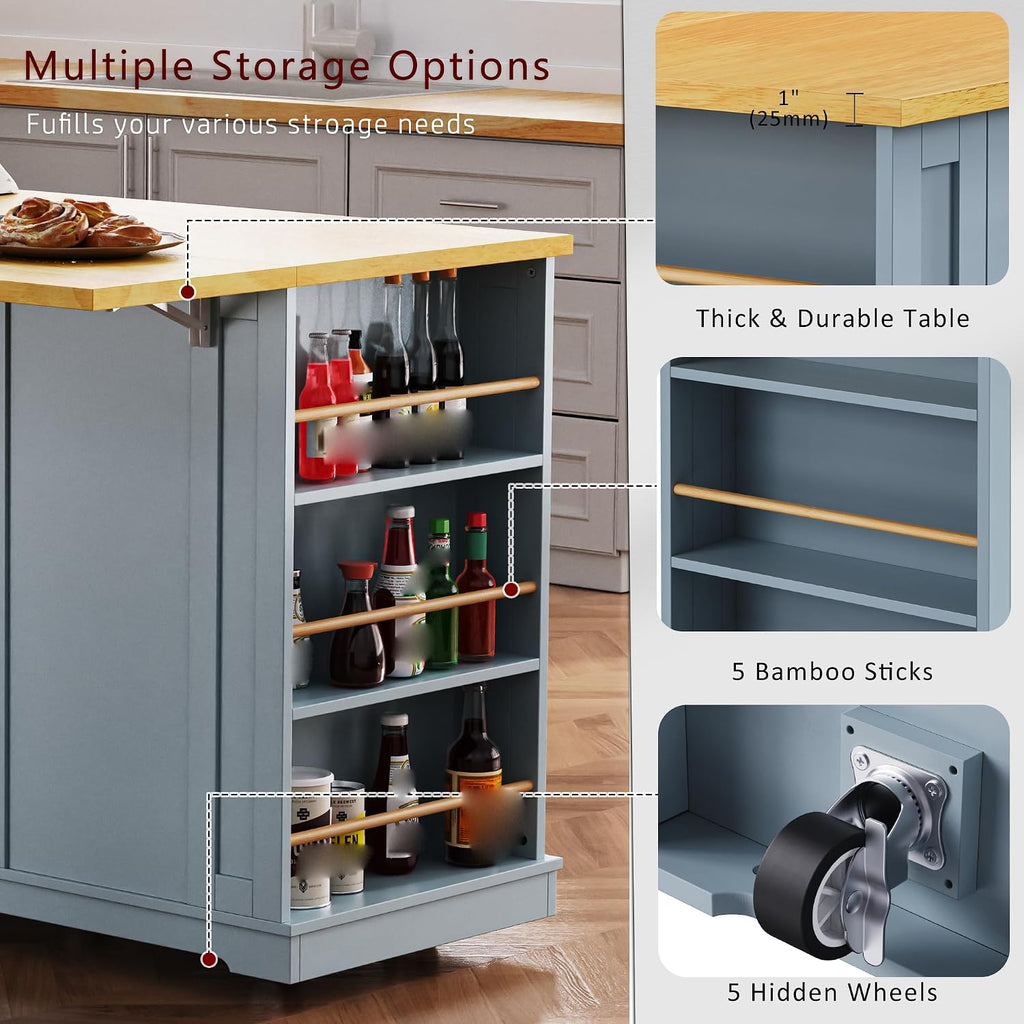 53' Large Kitchen Island with Drop Leaf and Power Outlet Rolling Kitchen Cart with 5 Wheels Internal Door Storage Racks and 5 Side Racks Grey Blue