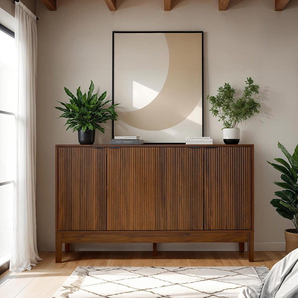 Best Choice Products 55' Modern 4-Door Sideboard Storage Cabinet, Buffet, Media Cabinet, Cupboard, Entryway Accent Table, Bookcase w/Reed Panels and Adjustable Shelves – Walnut