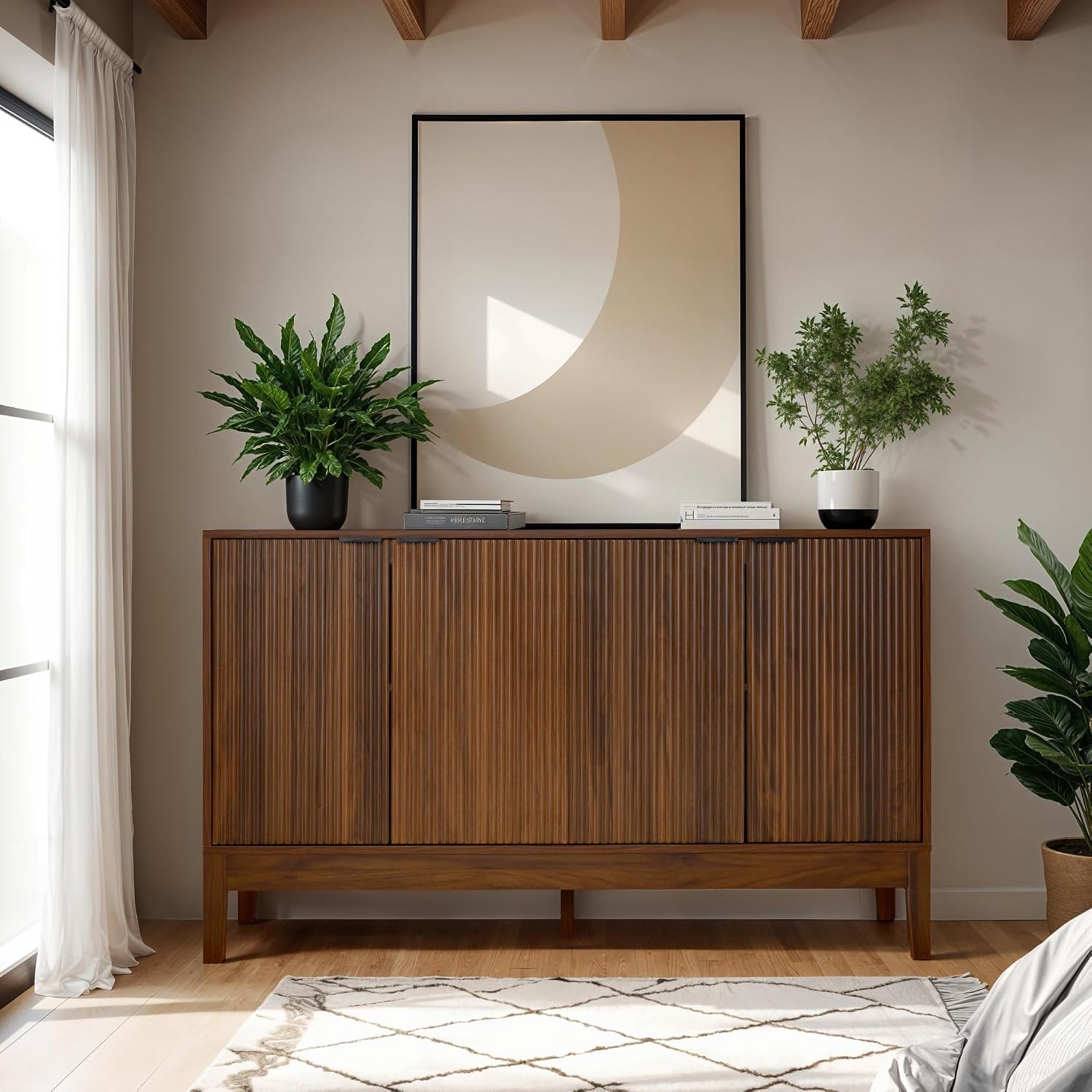 Best Choice Products 55' Modern 4-Door Sideboard Storage Cabinet, Buffet, Media Cabinet, Cupboard, Entryway Accent Table, Bookcase w/Reed Panels and Adjustable Shelves – Walnut