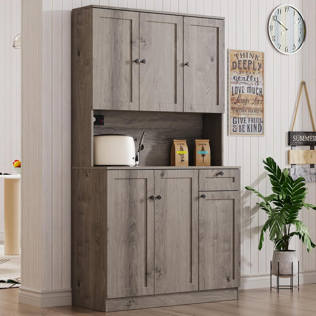Furnify 71' H Pantry Cabinet with Charging Station, Tall Kitchen Pantry Storage Cabinet with Microwave Stand, Farmhouse Kitchen Hutch with Storage Drawer for Living Room, Dining Room, Ash Grey