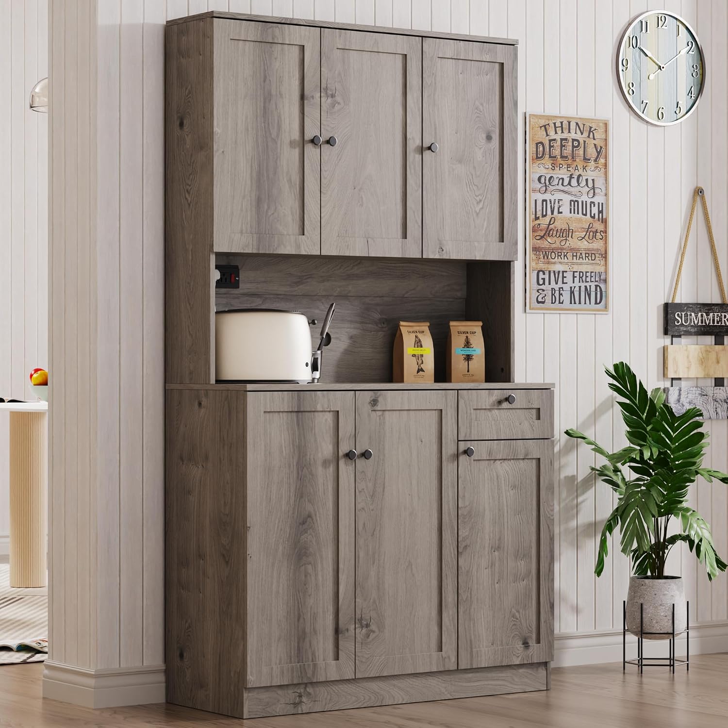 Furnify 71' H Pantry Cabinet with Charging Station, Tall Kitchen Pantry Storage Cabinet with Microwave Stand, Farmhouse Kitchen Hutch with Storage Drawer for Living Room, Dining Room, Ash Grey