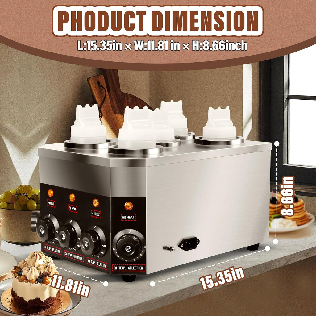 Commercial Electric Sauce Warmer Dispenser 0.68x5 Qt Hot Chocolate Nacho Cheese 86-185℉ Heater Hot Fudge with Bottles Adjustable